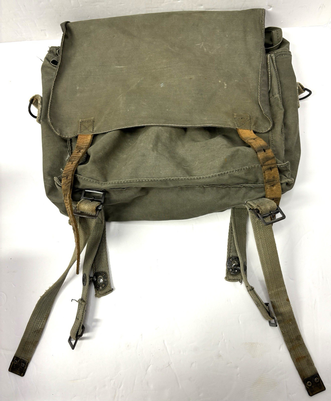 Vintage Cold War European Military Musette Bag Green Cotton Fabric Lift-A-Dot