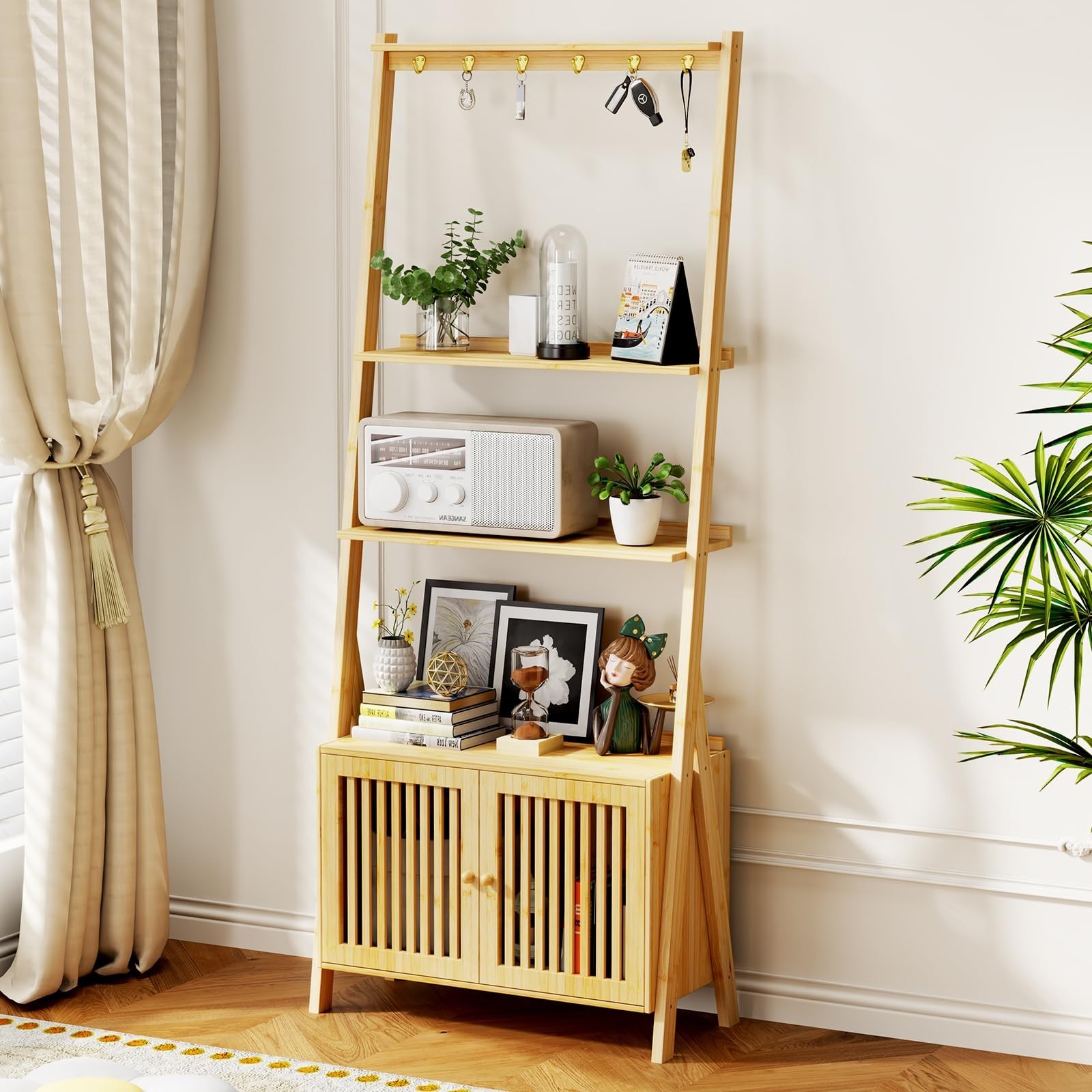 oakvivo ZWJ001 4-Tier Bamboo Ladder Shelf with 6 Hooks and Drawers 24.8"L x