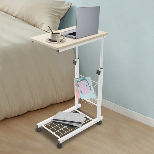 Height Adjustable Side Table With Wheels 2 Tier C Shaped Mobile Standalone Table