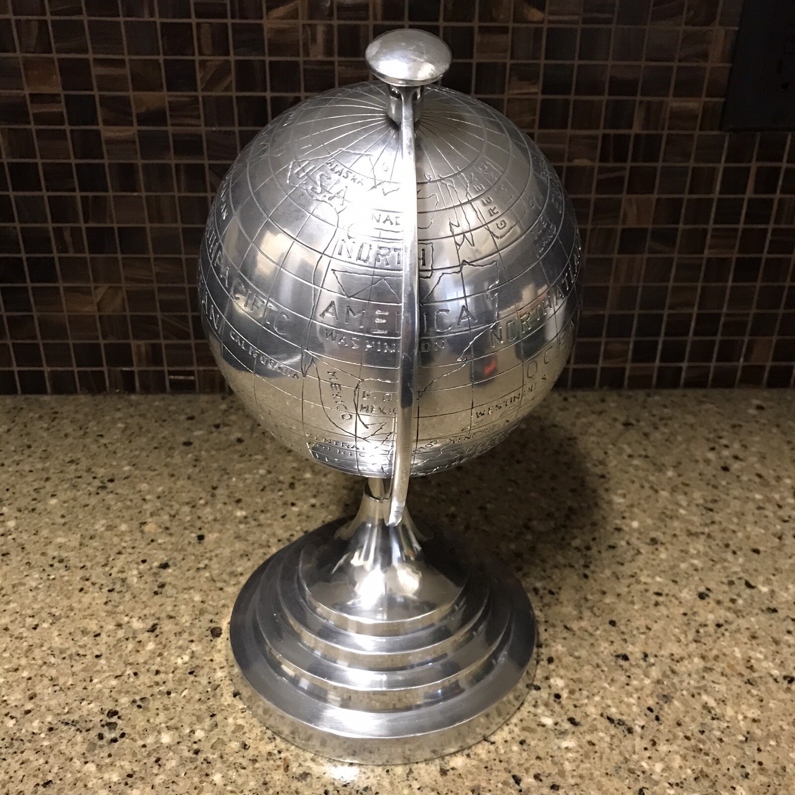 Metal (Aluminum?) Rotating World Globe Map Desktop Decor