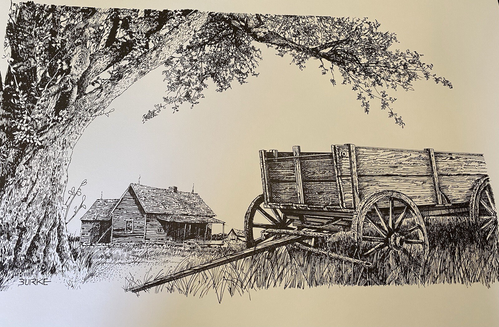 Copy Of Graphite Pencil Art Sketch Of A Wagon & Homestead/ Burke 17 1/2 X 11 1/2