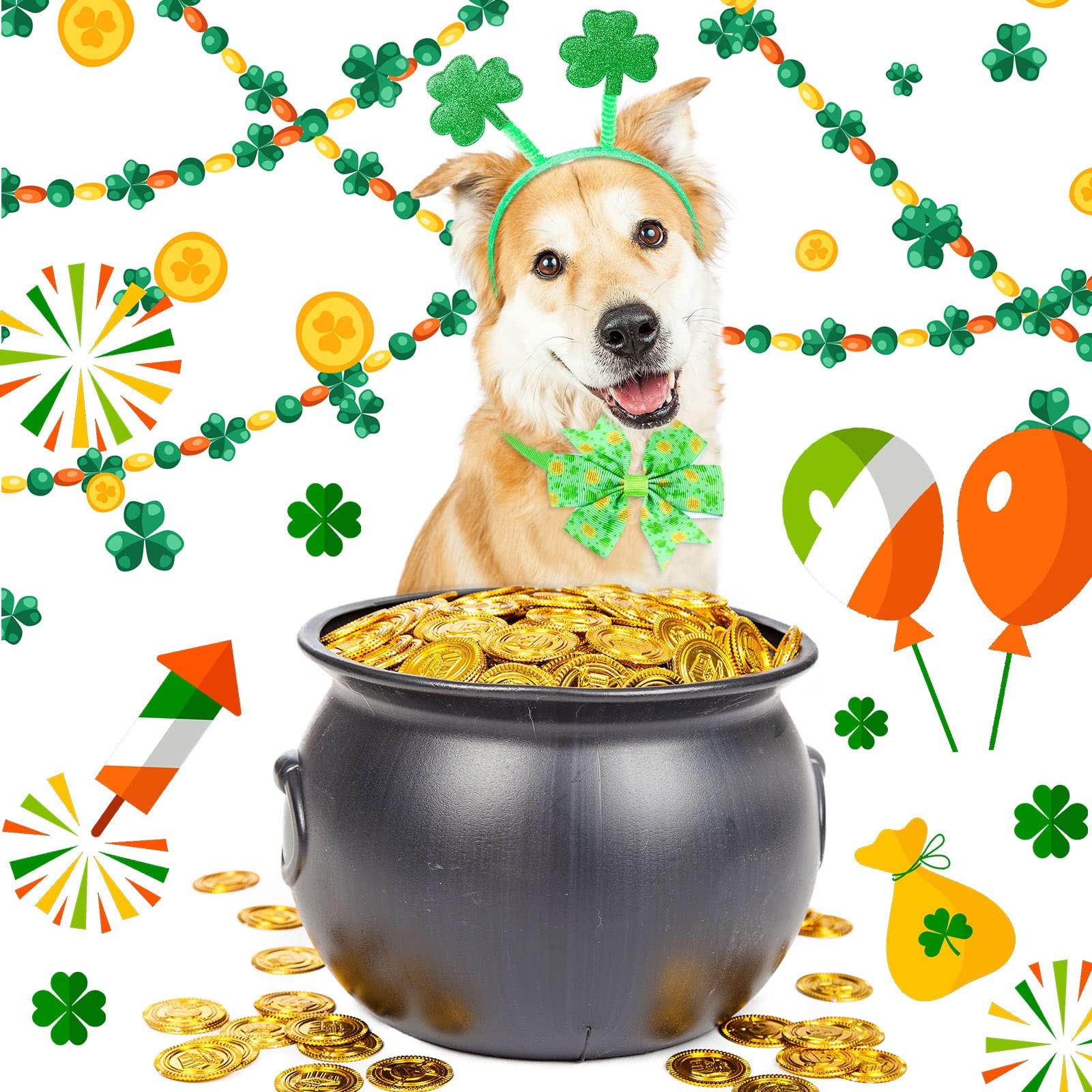 40 Pcs St. Patrick's Day Dog Bows Ties Bulk, Adjustable Irish Shamrocks Basics C
