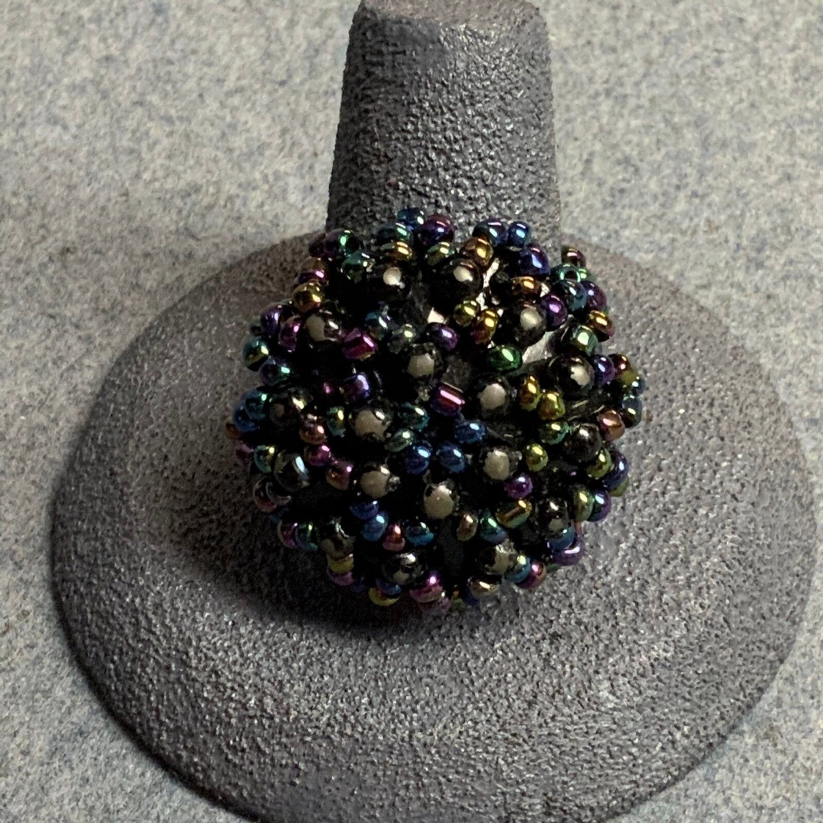Statement Beaded Button Ring Size 11 As Is Stretch Band Black Iridescent Retro