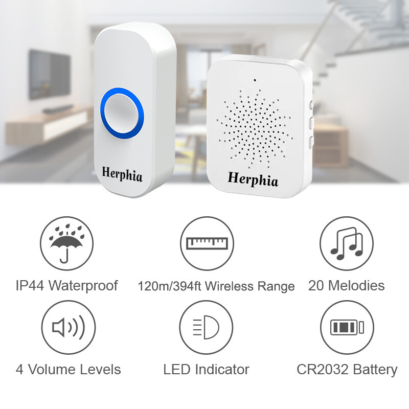 Wireless Doorbell USB Plug in &Play Waterproof Door Bell Kit LED Flash 20 Chimes