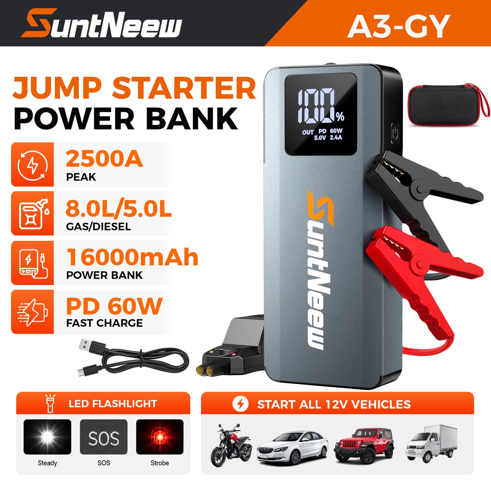 Car Jump Starter 2500A Battery Pack for Up to 8.0L Gas/6.5L Diesel Vehicles