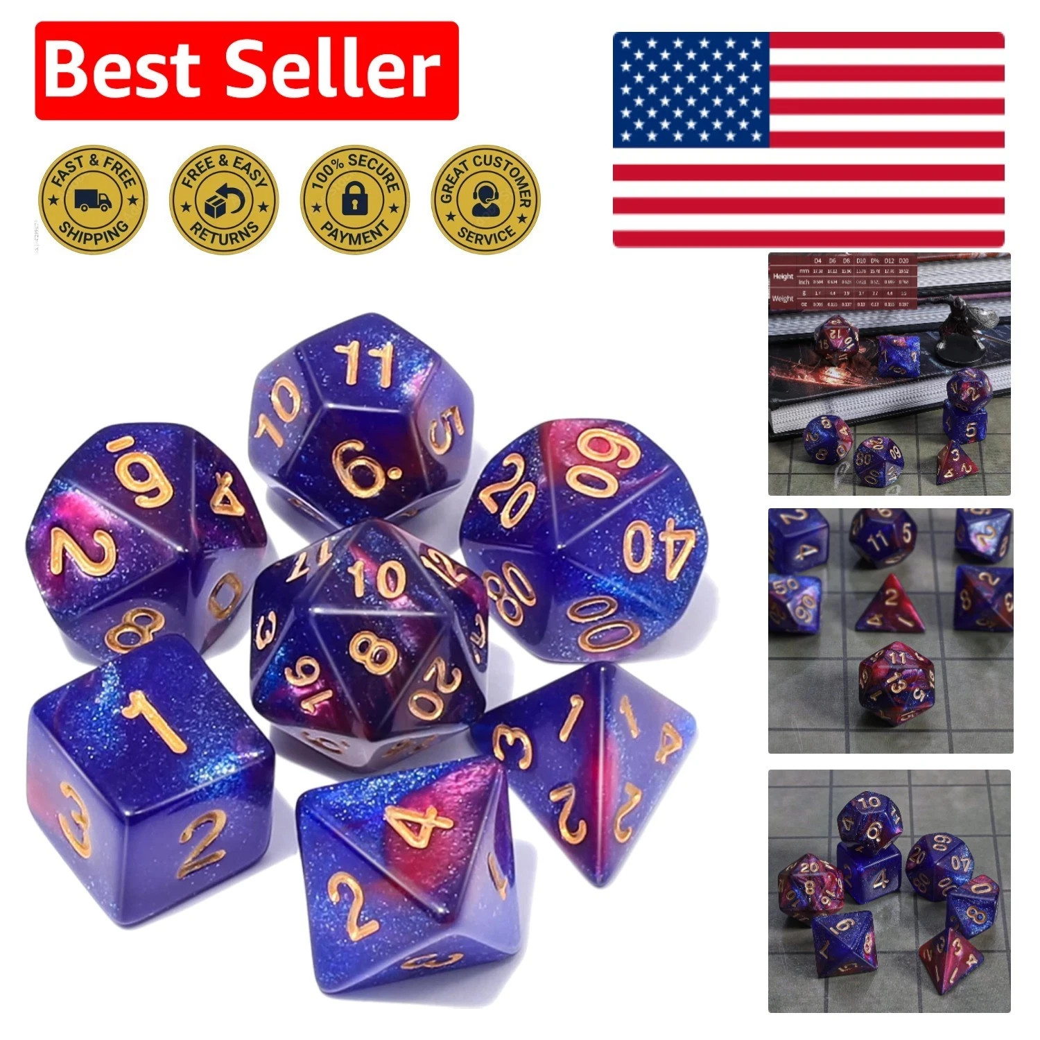 Durable Eco-Friendly Polyhedral Dice Set with Storage Bag for Tabletop Games