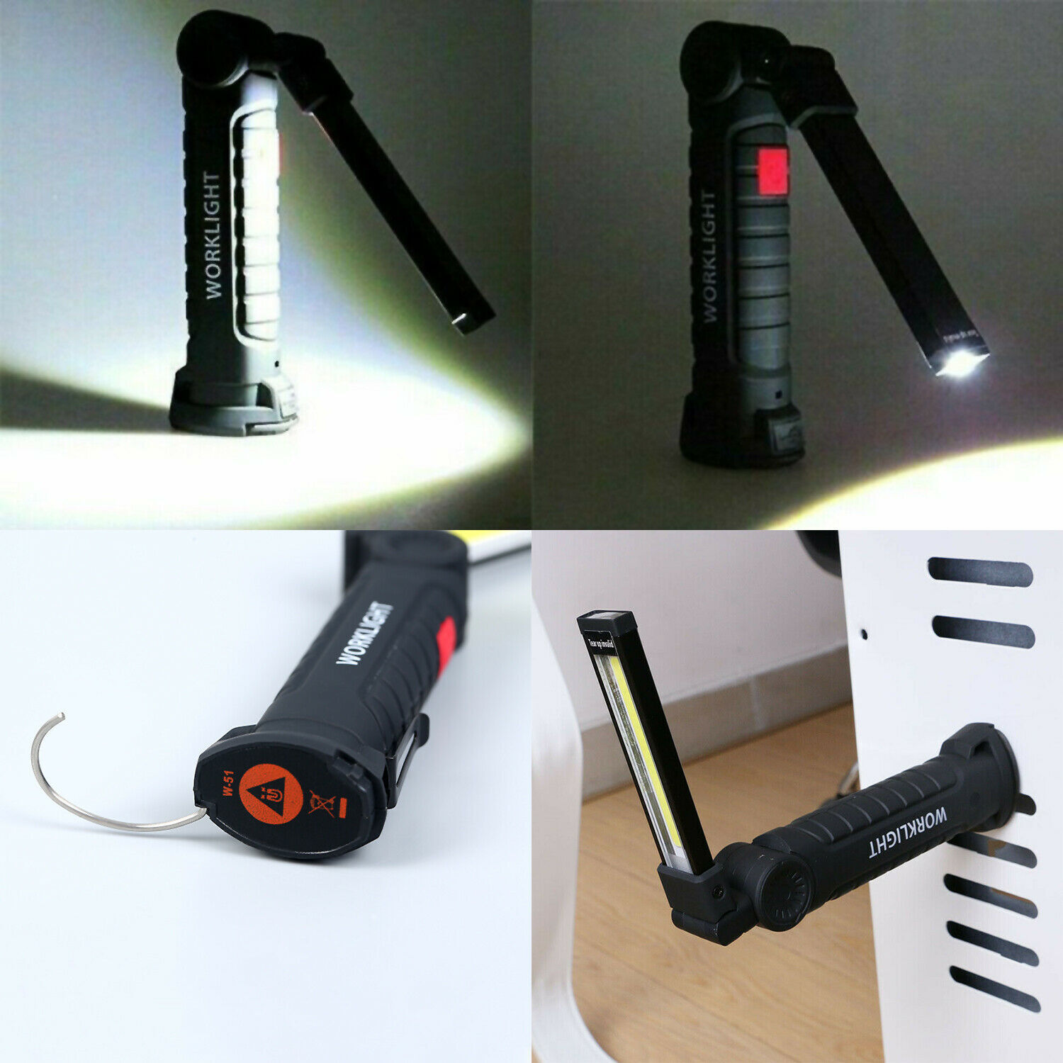 2 Pack Magnetic Base LED COB Work Light Rechargeable Mechanic Torch Flashlight