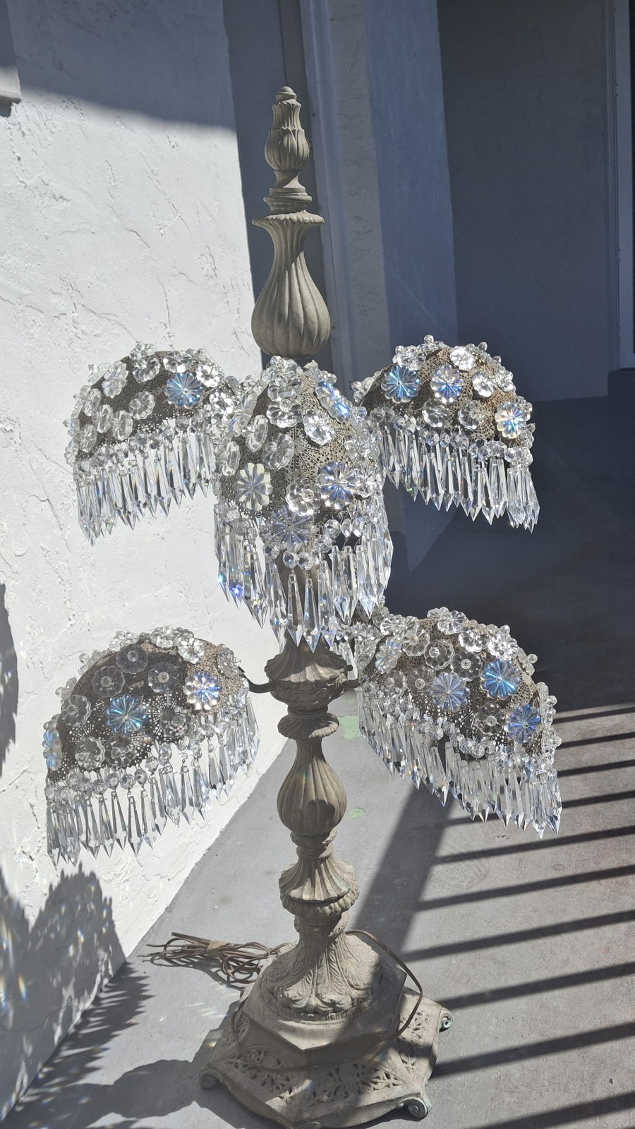 1920's XL Hollywood Regency Palm Tree with Cut Crystal Chandelier Table Lamp