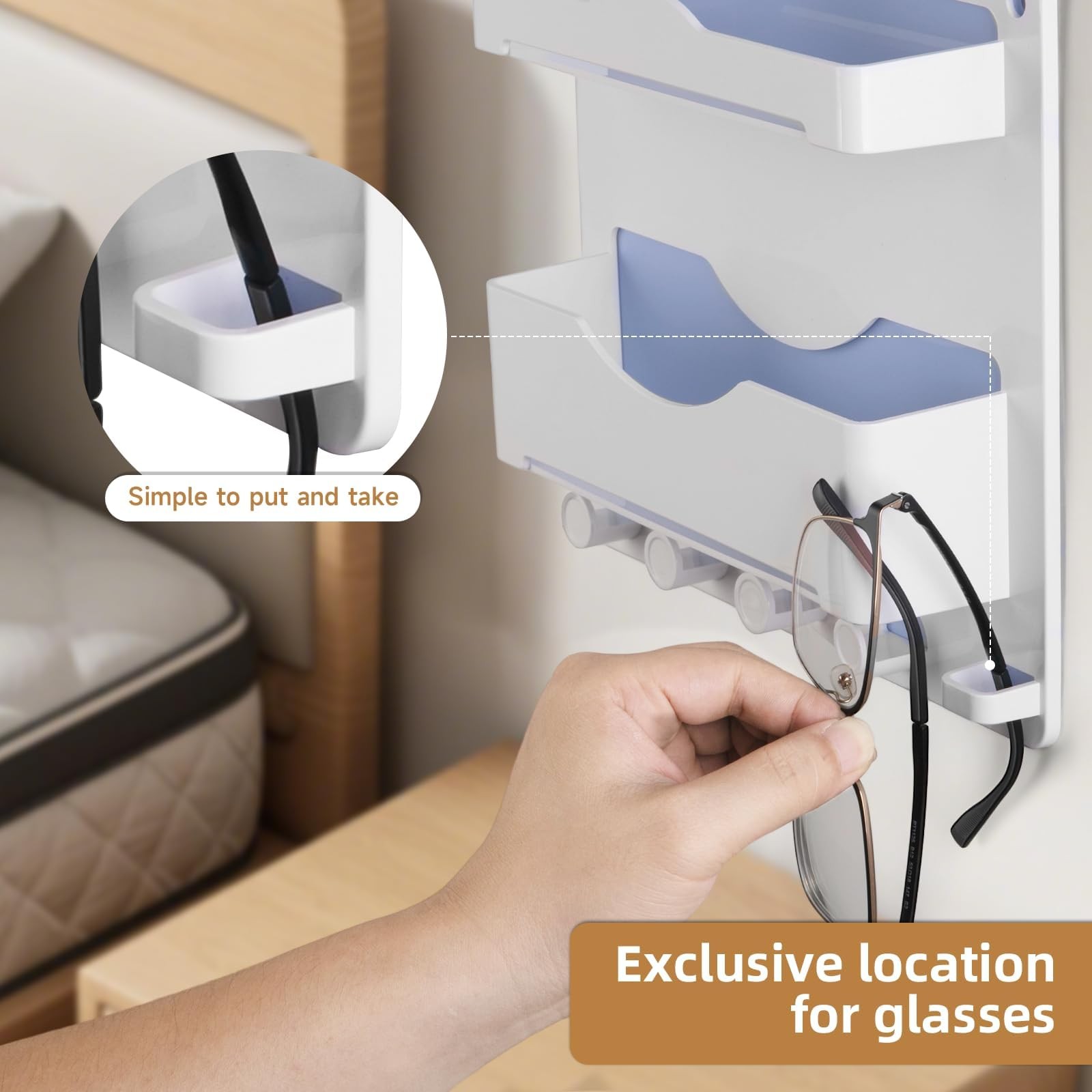Bedside Wall Shelf with Glasses Hooks, Adhesive Bedside Organizer Wall Mount ...