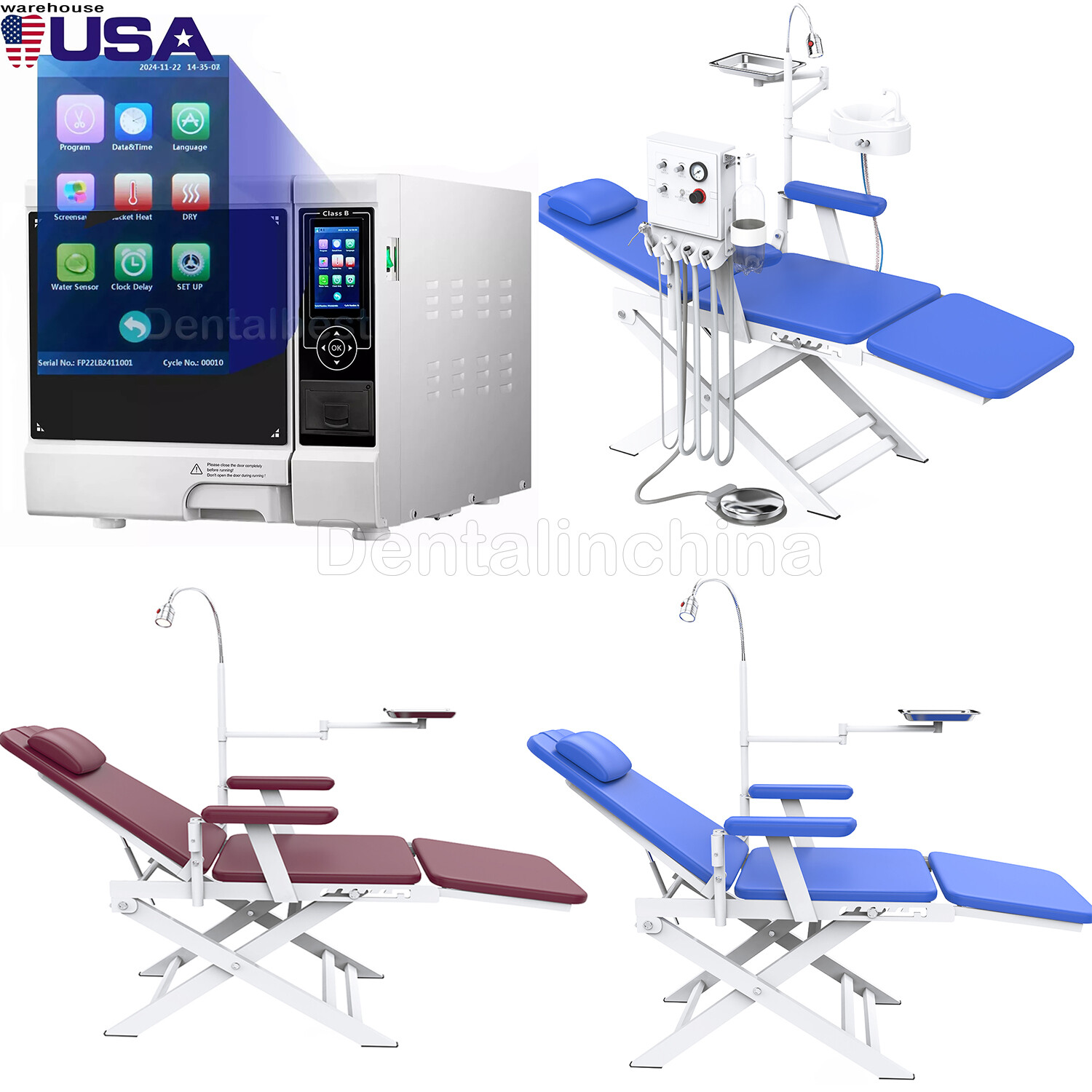 Dental Portable Chair +Spit Bucket+Air Turbine/ Autoclave Steam Sterilizer&Print