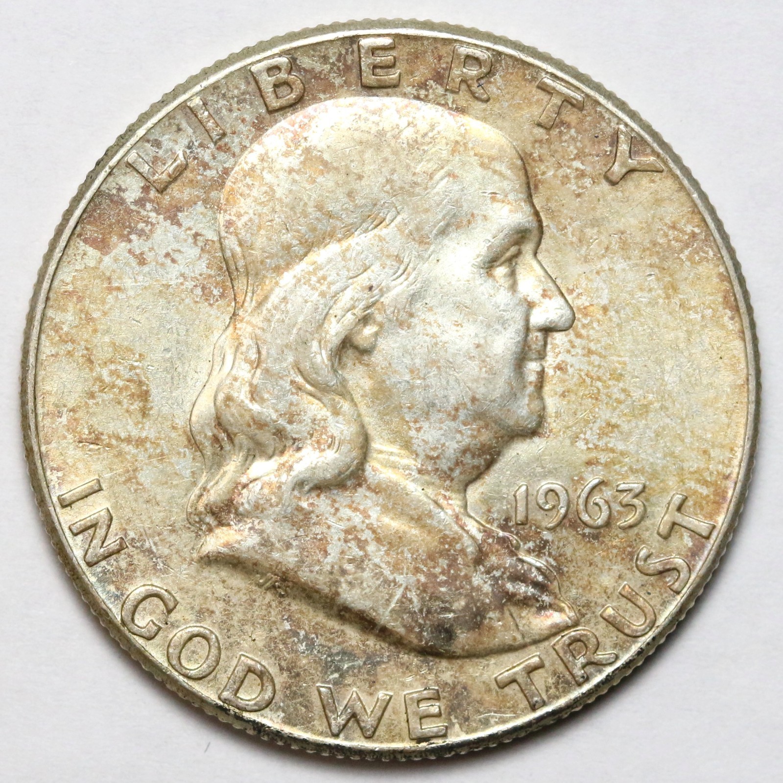1963 50c Franklin Silver Half Dollar - RAW - Toned - Great Luster / Color