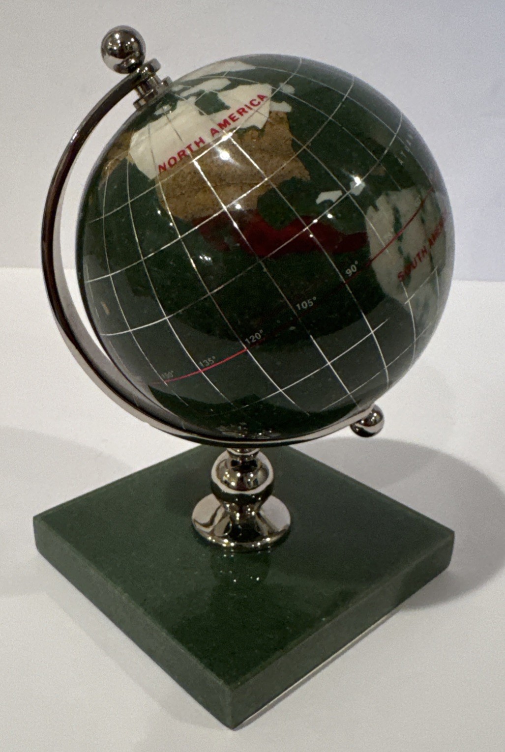 Marble World Globe Lapis Shell and Semi-Precious Stone Inlays Silver Stand