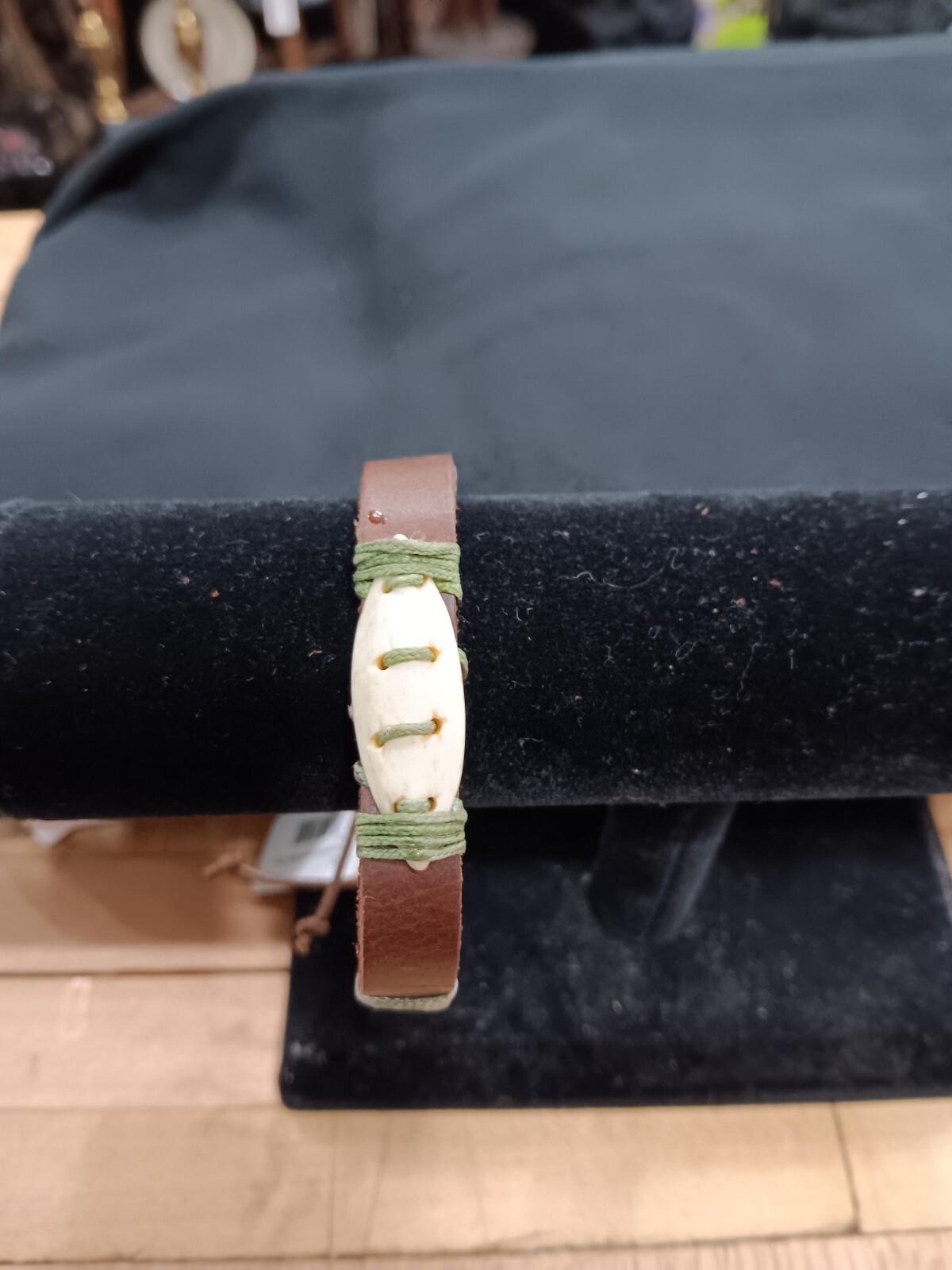 Handmade Leather Bracelet with Carved Stone Bead – Adjustable Cord Tribal Style