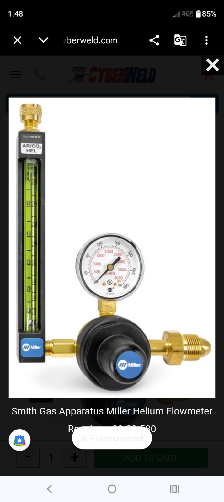 Miller 22-80-580-6 20 Series Flowmeter Regulator for Argon CO2 with Gas Hose NIB