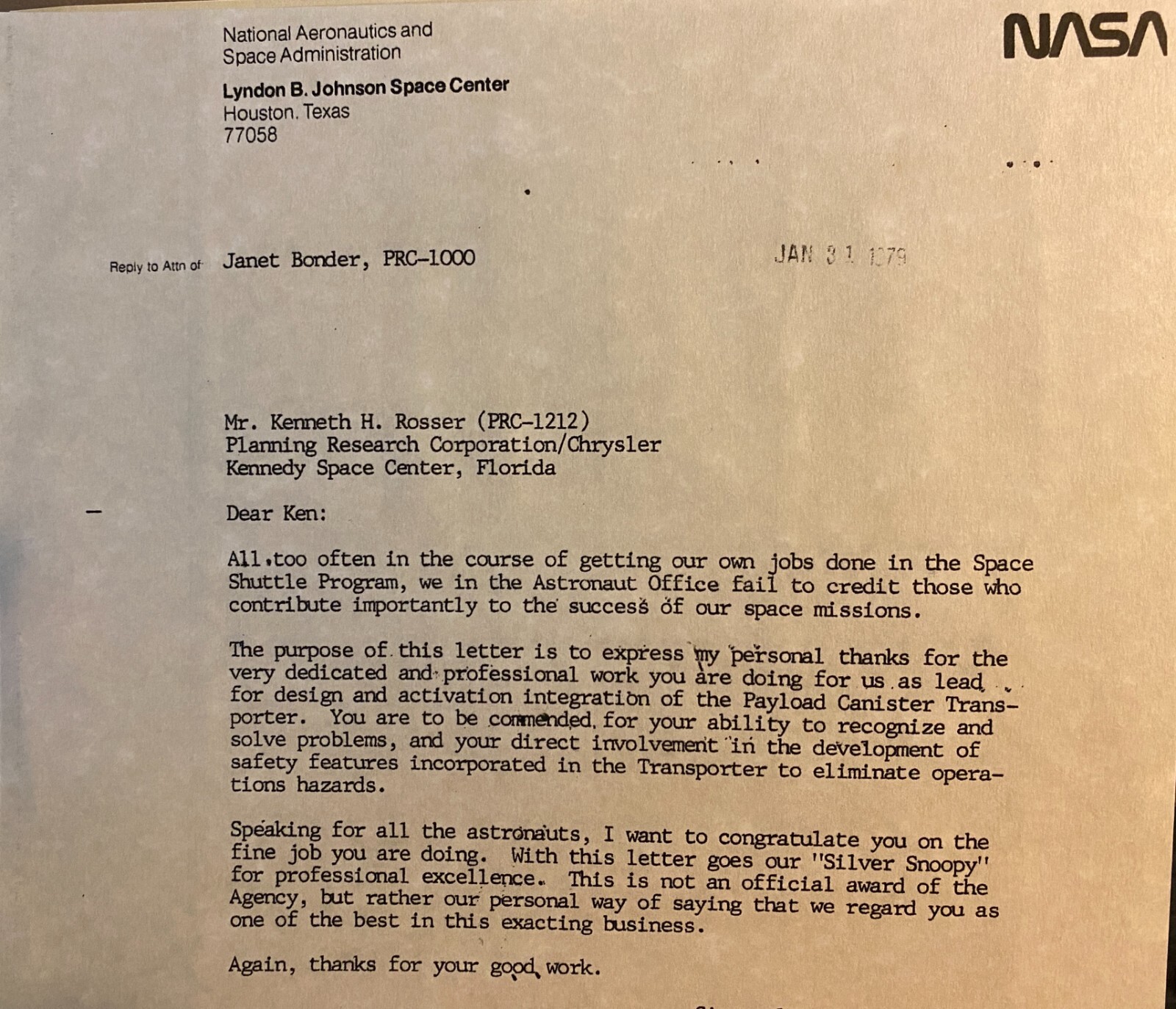 NASA - Snoopy Award Letter - COPY