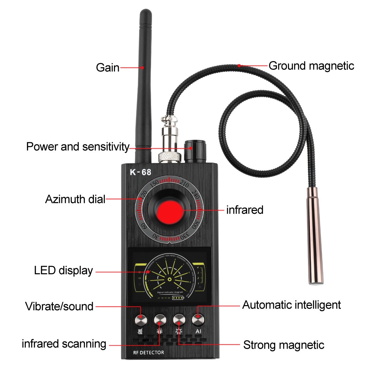 K68 Anti Spy Scanner Detector RF Camera GSM Audio Bug Finder Signal Tracker New