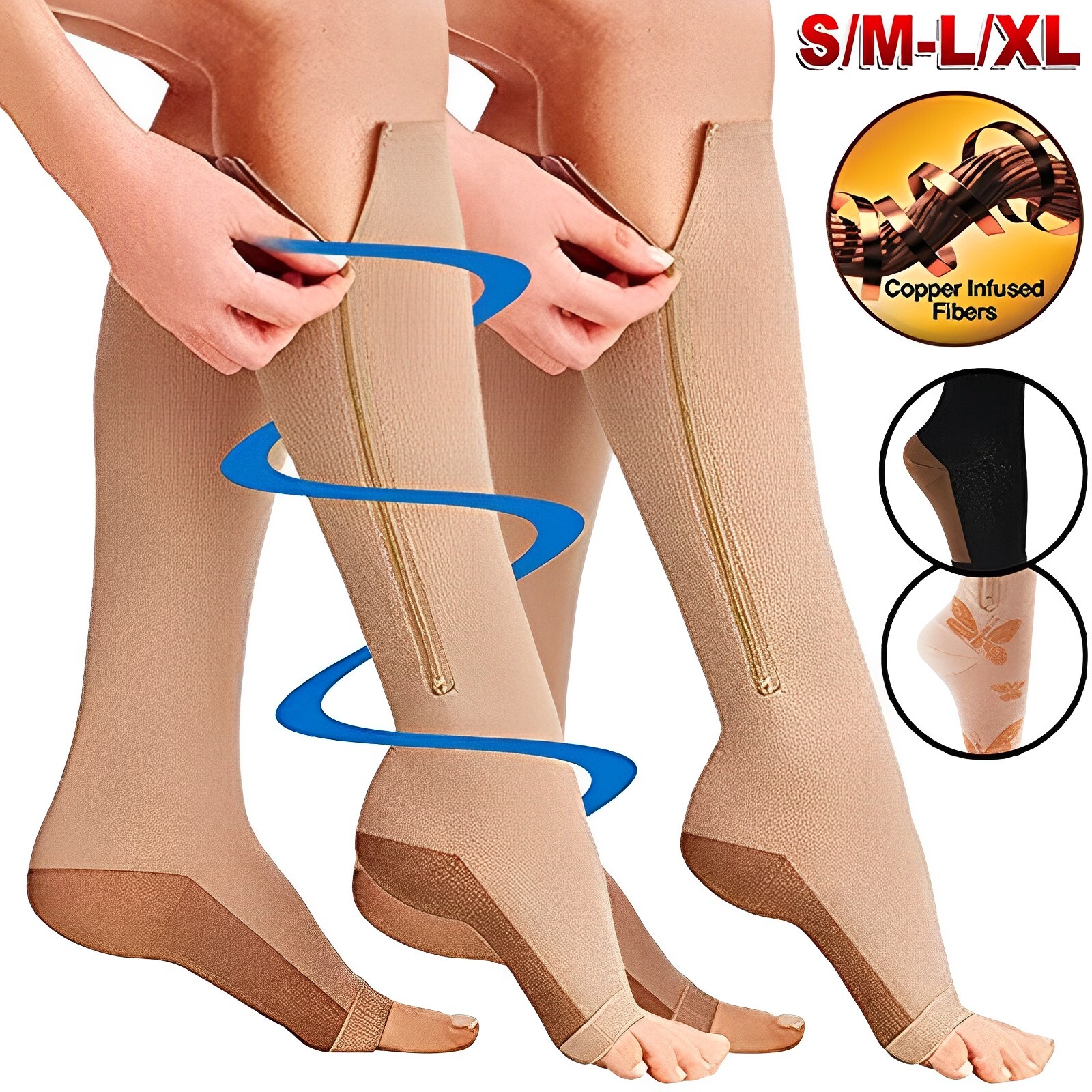 Copper Zipper Compression Socks Support Graduated Stockings Mens Women 20-30mmHg