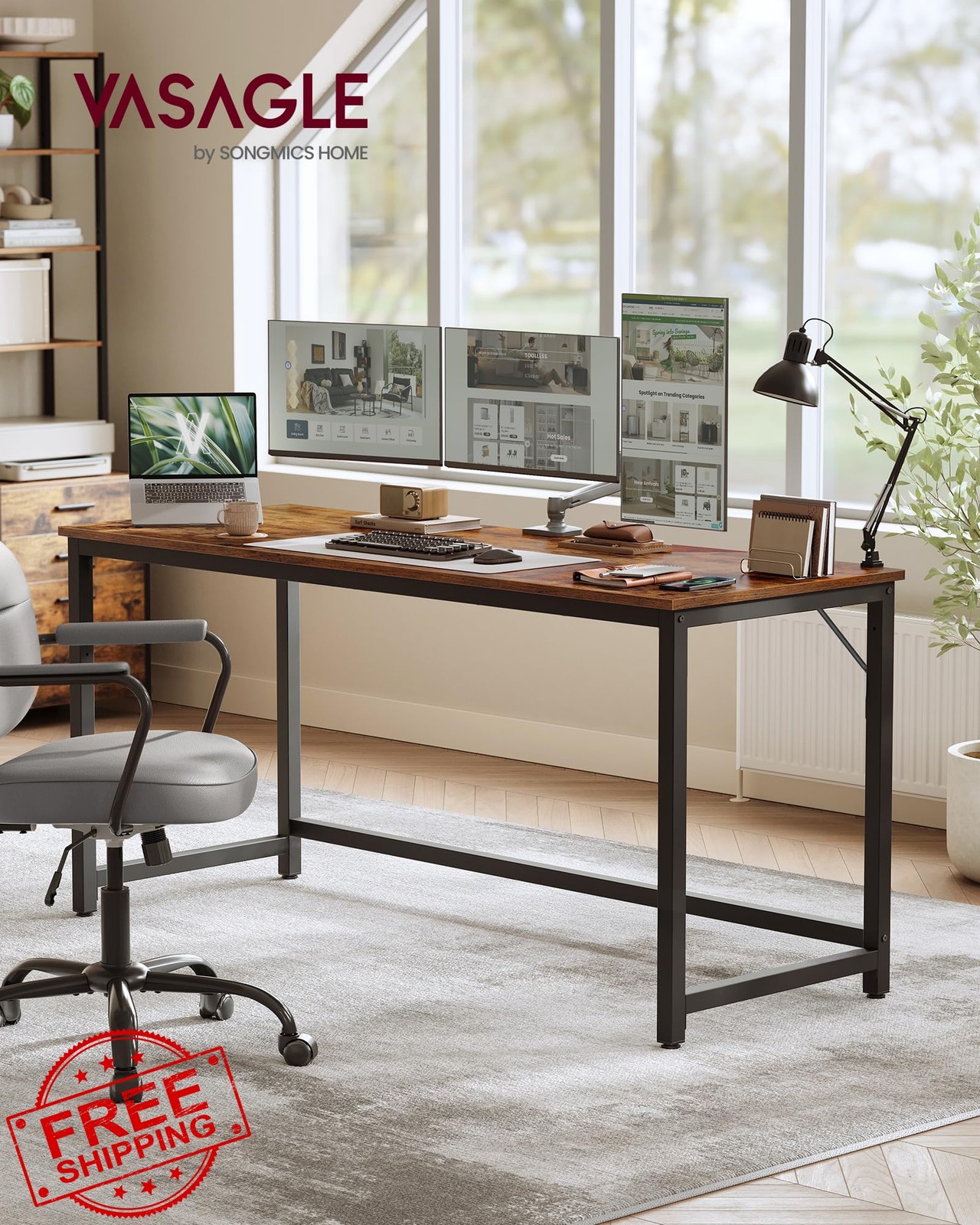VASAGLE 63" Rustic Brown/Black Computer Desk