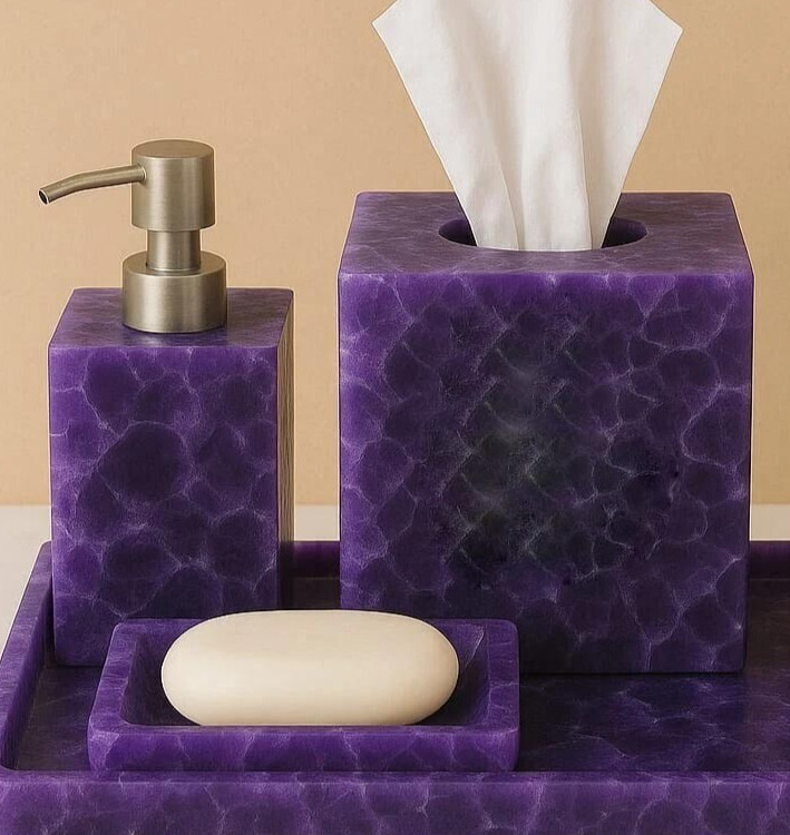 Amethyst Bathroom Set – Tissue Box, Soap Dispenser & case, Brush Holder,tray