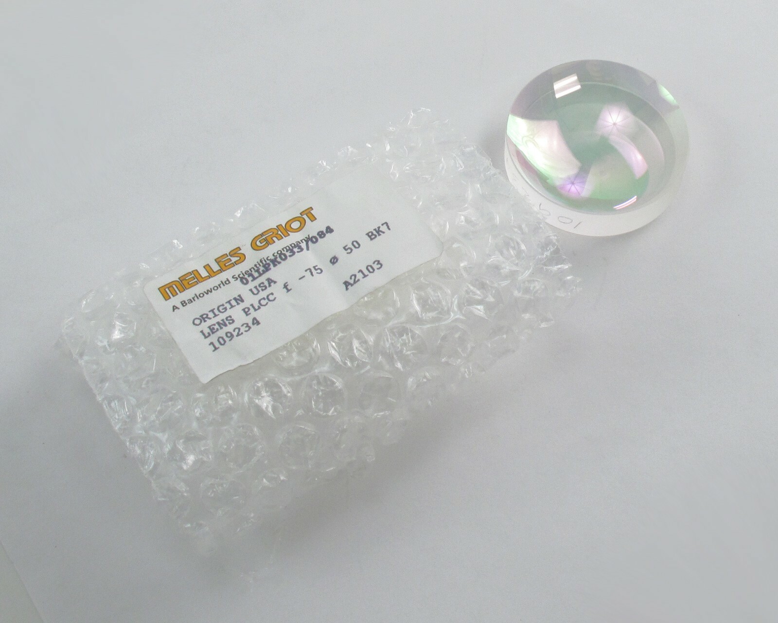 NEW Melles Griot 01LPK033 / 084 Plano Concave BK7 Glass Lens - 50mm, f=75