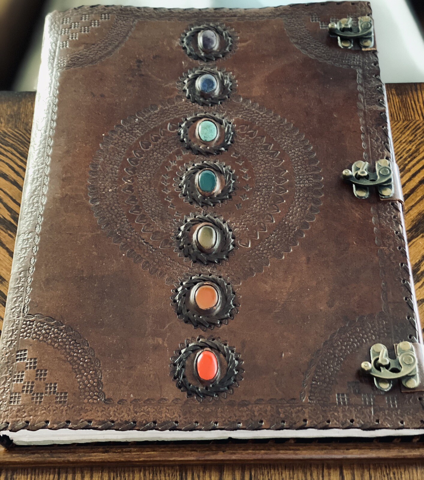 Vintage 20x14” Tooled Leather Sketchbook With Fabric Pages Natural  Gemstones