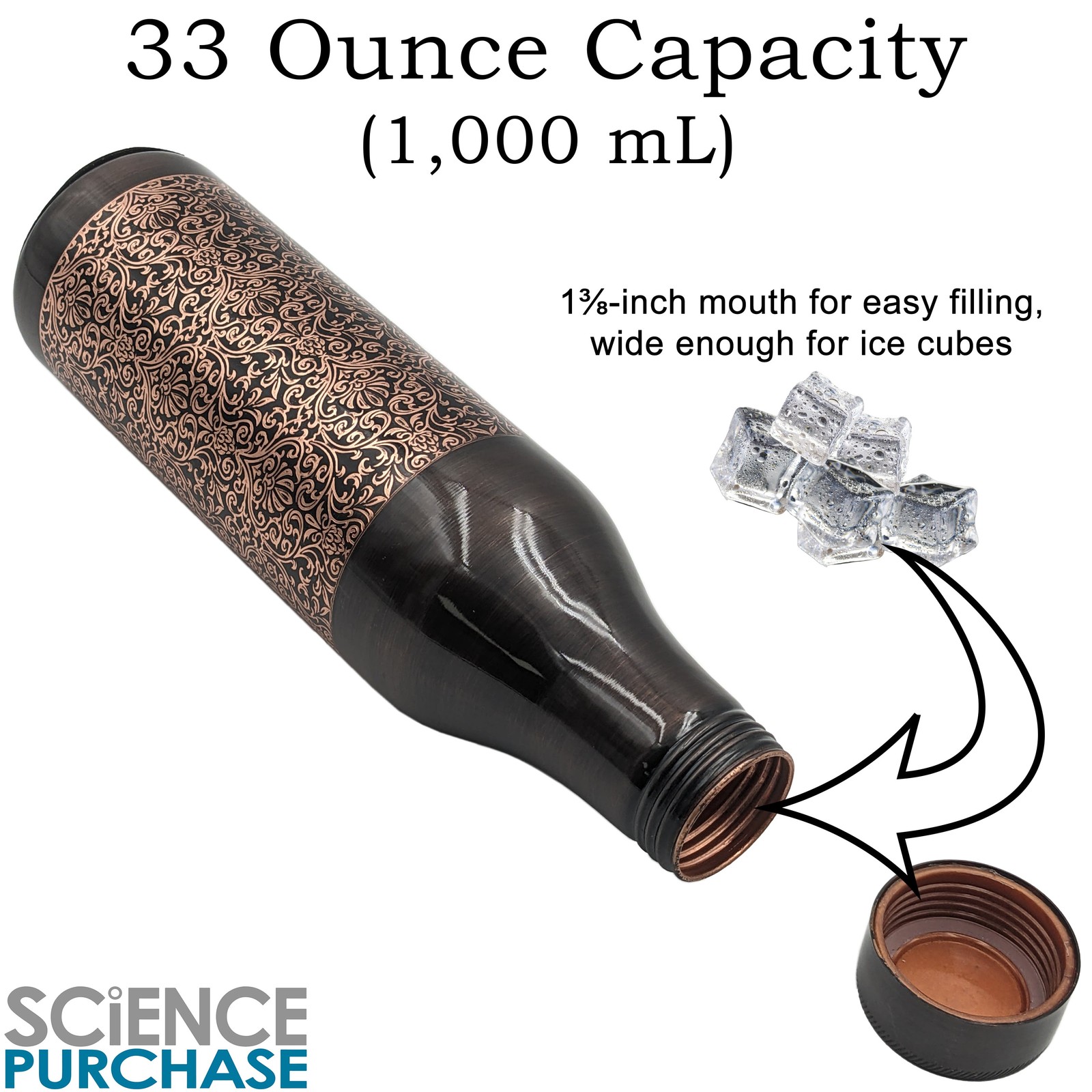 2 Pack 33 Ounce Pure Copper Water Bottle with Engraved Damask Design, Ayurved...