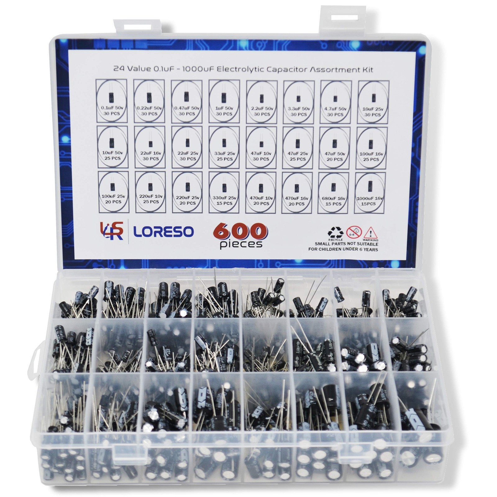 Electrolytic Capacitor Assortment Kit Box by Loreso 600pcs 24 Value - Electro...