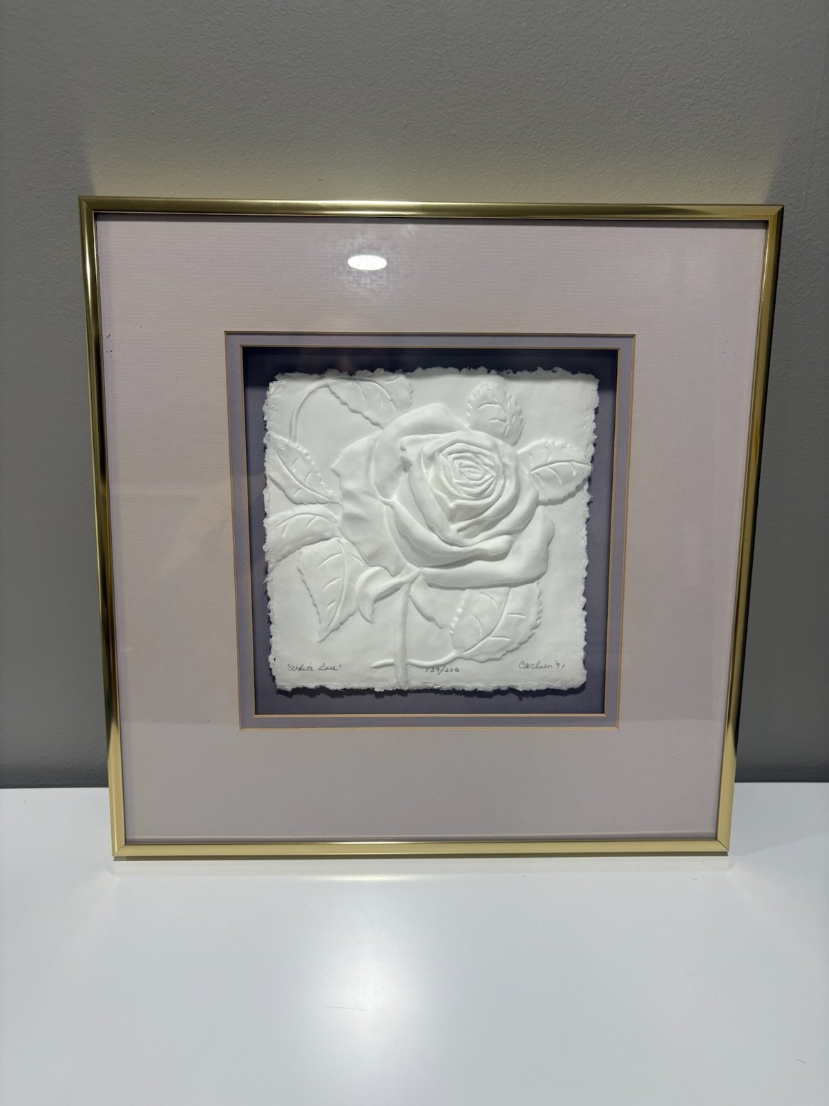 15”x15”x2" Framed limited edition handmade cast paper, “White Rose" by Carlson