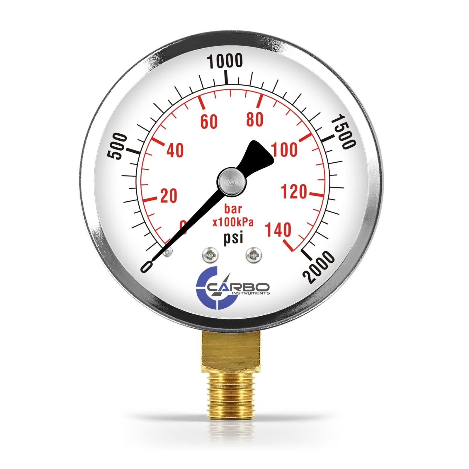2-1/2" Pressure Gauge - Chrome Plated Steel Case, 1/4"NPT, Lower Mnt. 2000 PSI