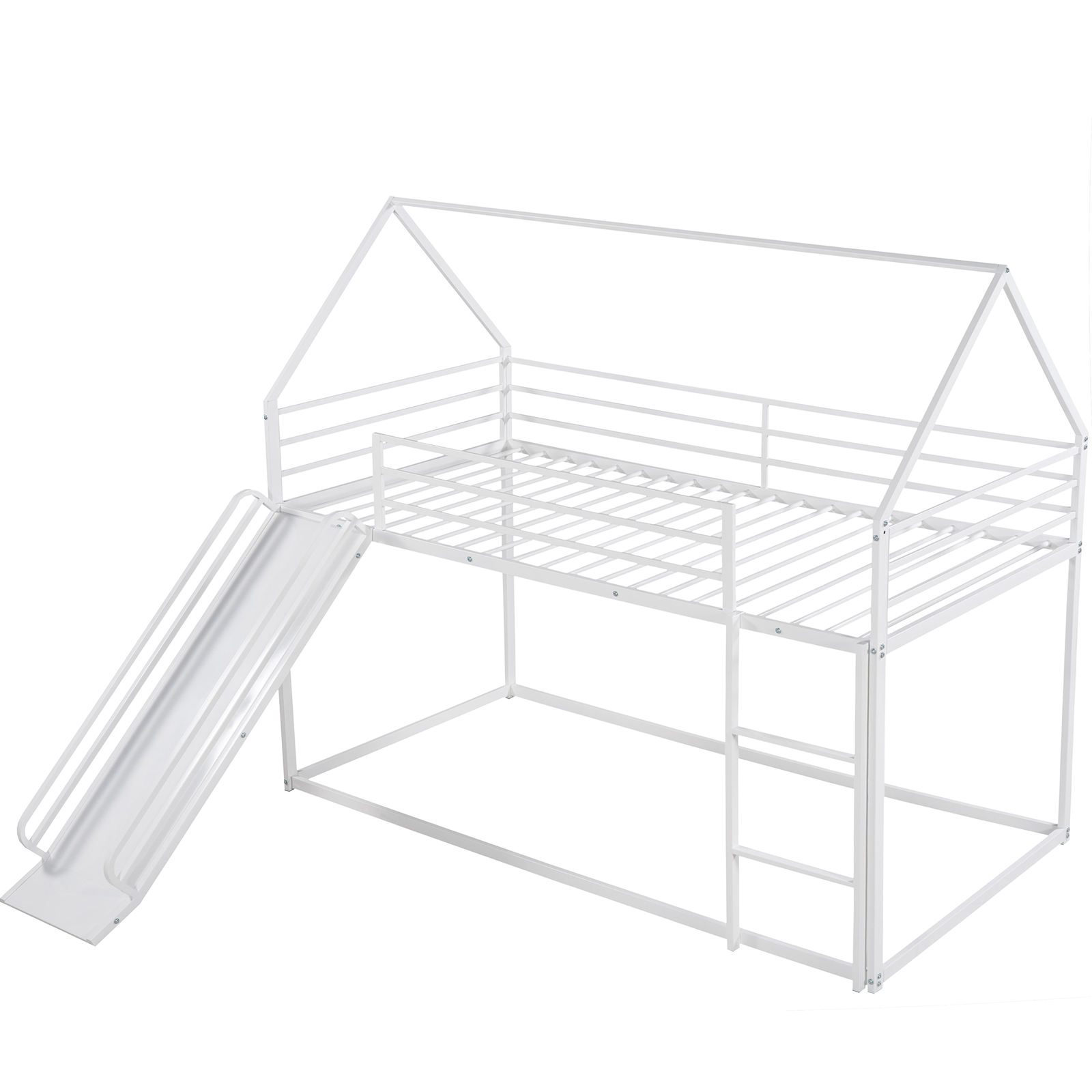 Twin over Twin Metal Bunk Bed W/ Slide /Ladder /Guardrail For Kids Teens White