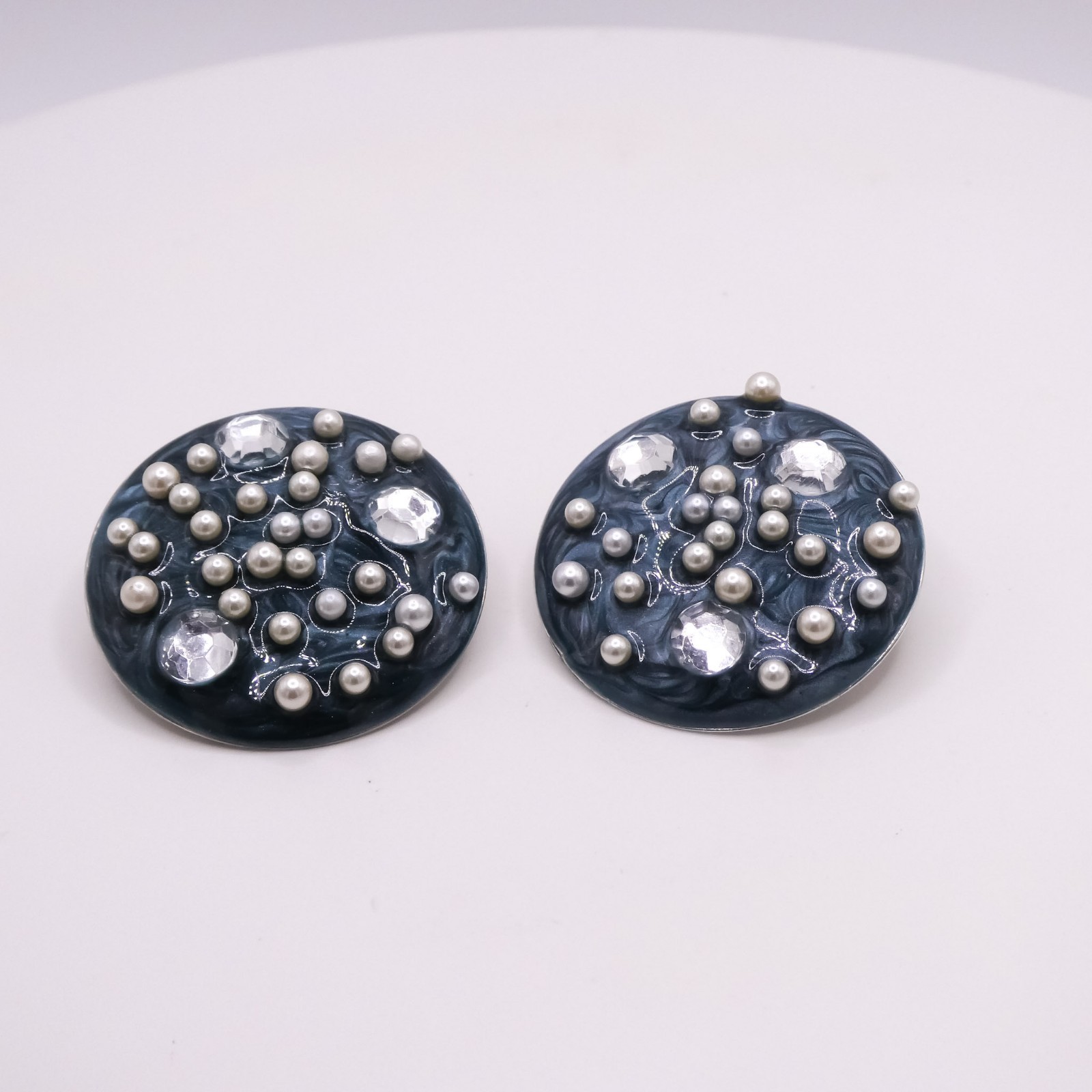 Handmade Blue Marbled Enamel Faux Pearl Rhinestone Pierced 1.3" Womens Earrings