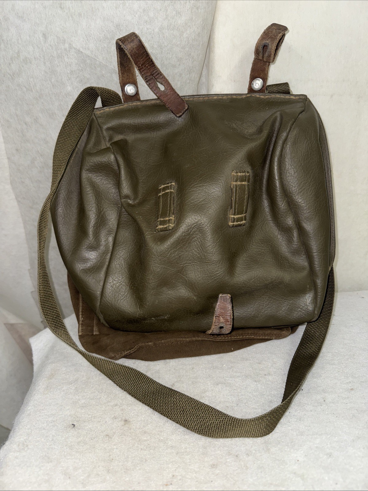 Vintage 1970s Swiss Army Bread Bag Canvas Leather Strap Military Crossbody