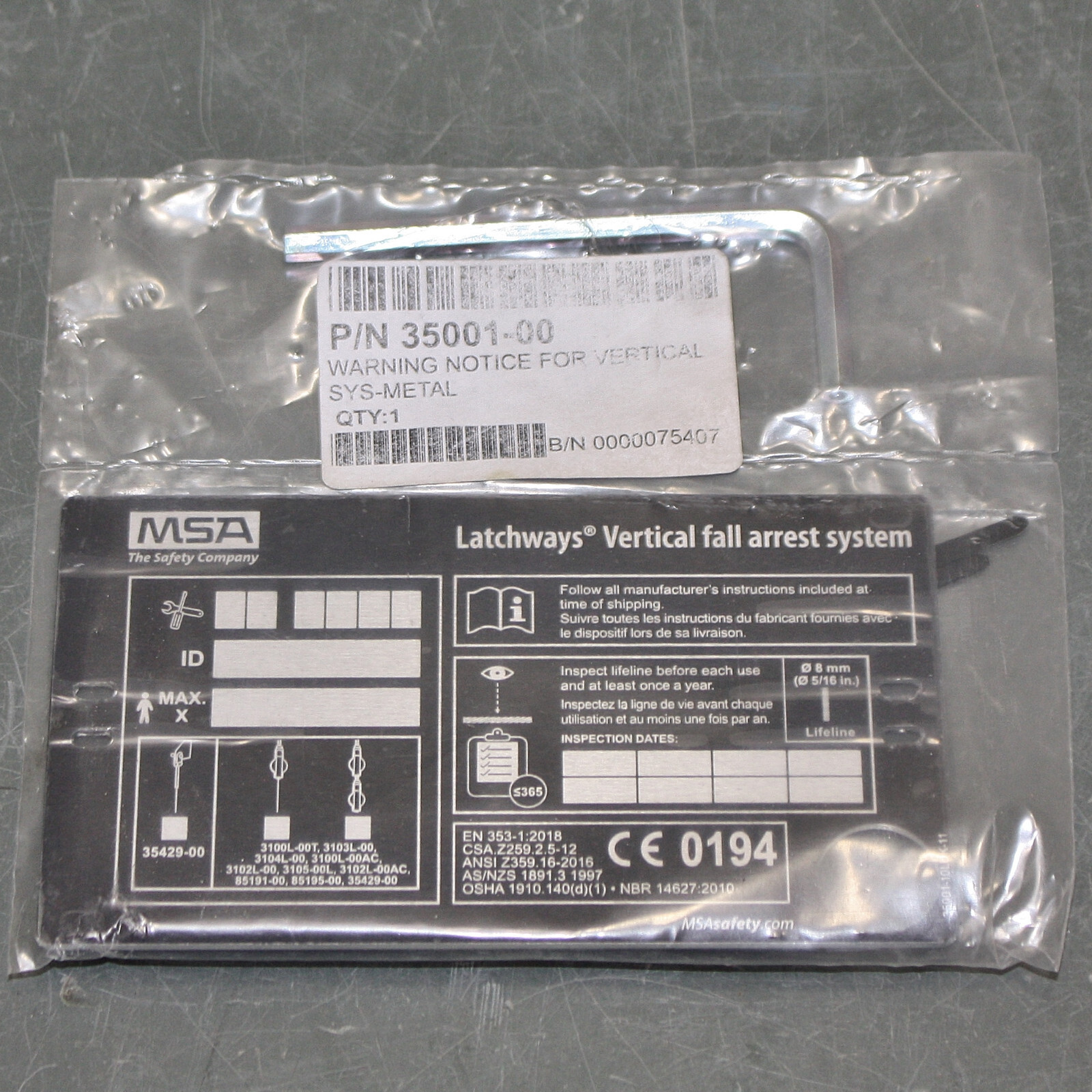 MSA Latchways Warning Notice 35001-00, Vertical Ladder Lifeline 31902-00