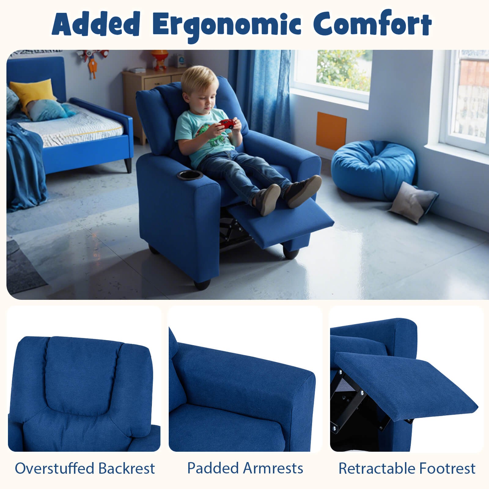 Kids Recliner w/ Cup ackrest & Footrest for Boys & GirlsHolder w/Adjustable B