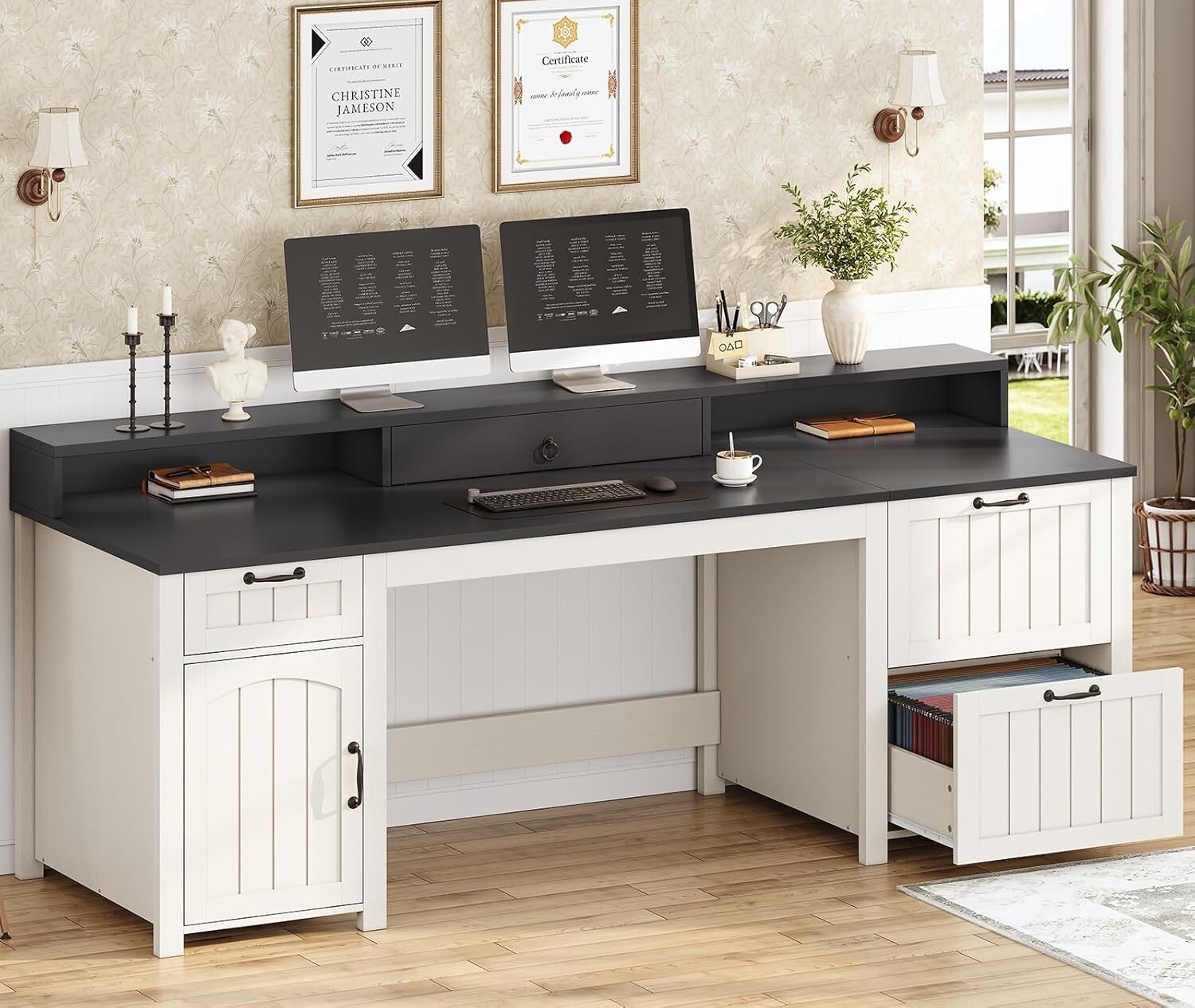 Farmhouse 63" Executive Desk, Wood Computer Desk with Drawers & Storage Cabinet