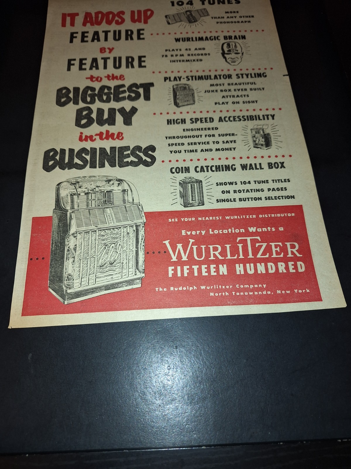 Wurlitzer Fifteen Hundred Jukebox Rare Original 1952 Promo Poster Ad Framed