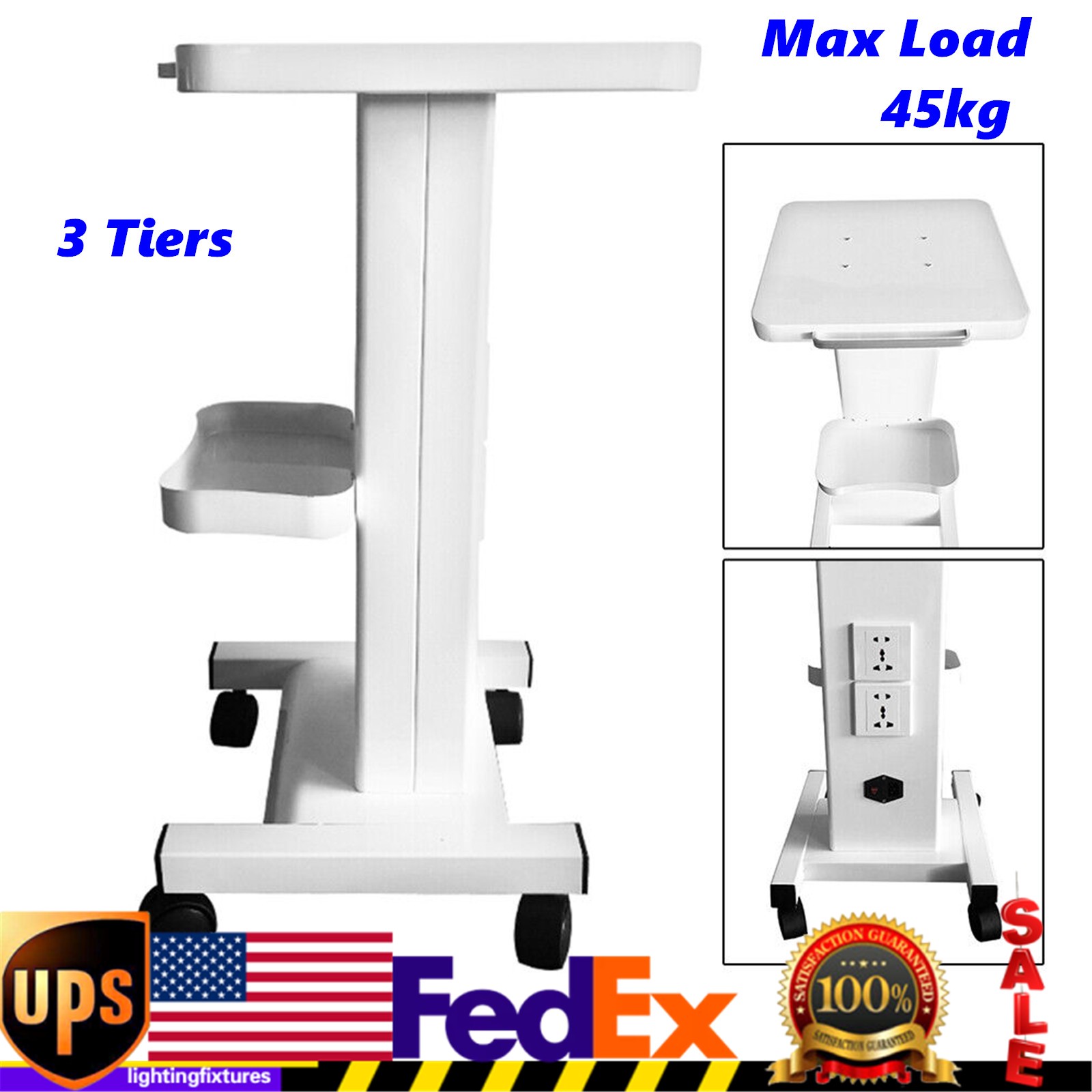 3 Tiers Medical Trolley Steel Mobile Cart Lab Dental Spa Salon Equipment 110 V
