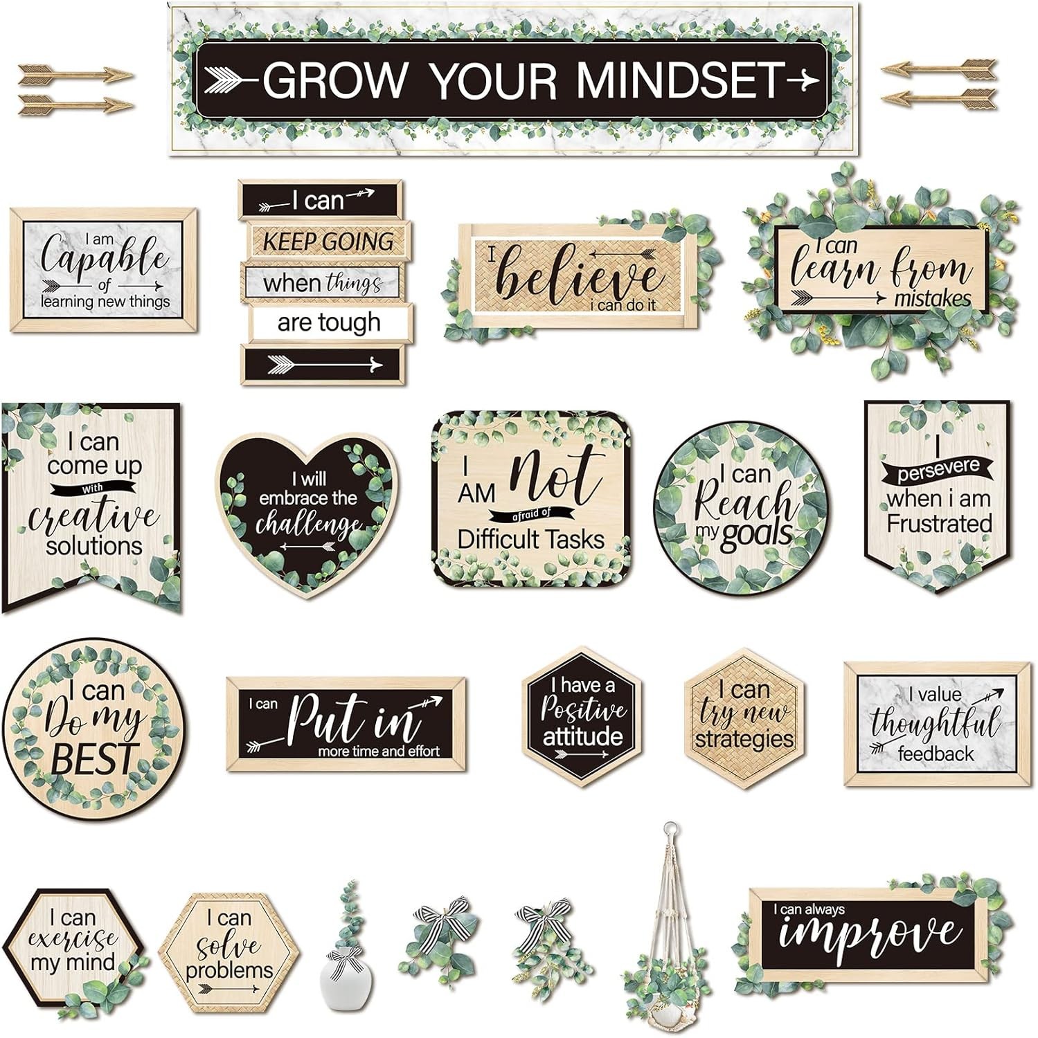 Multicolor Growth Mindset Posters Set 26 Pieces Eucalyptus Style Classroom Decor