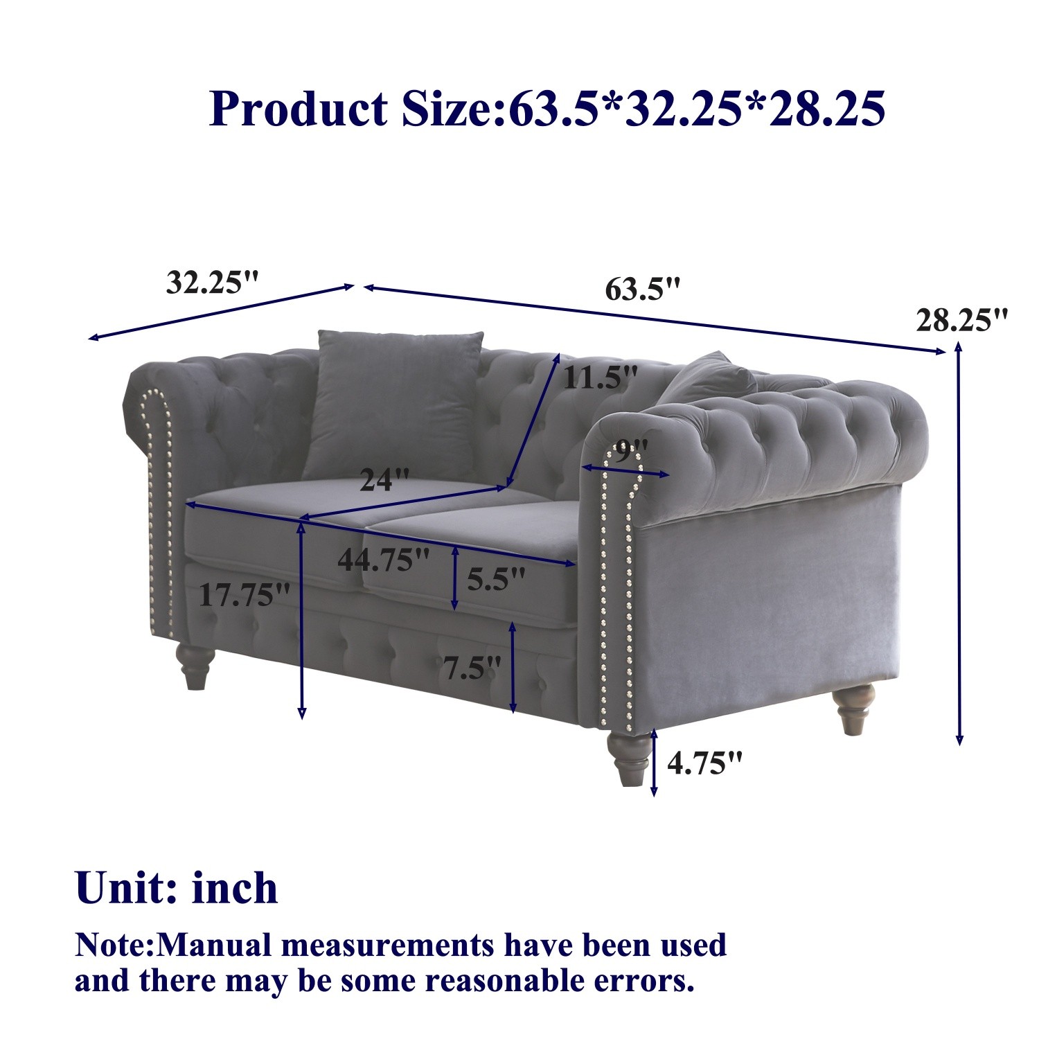 63.5'' Loveseat Sofa 2-Seater Velvet Upholstered Sofa Couch Living Room Sofa