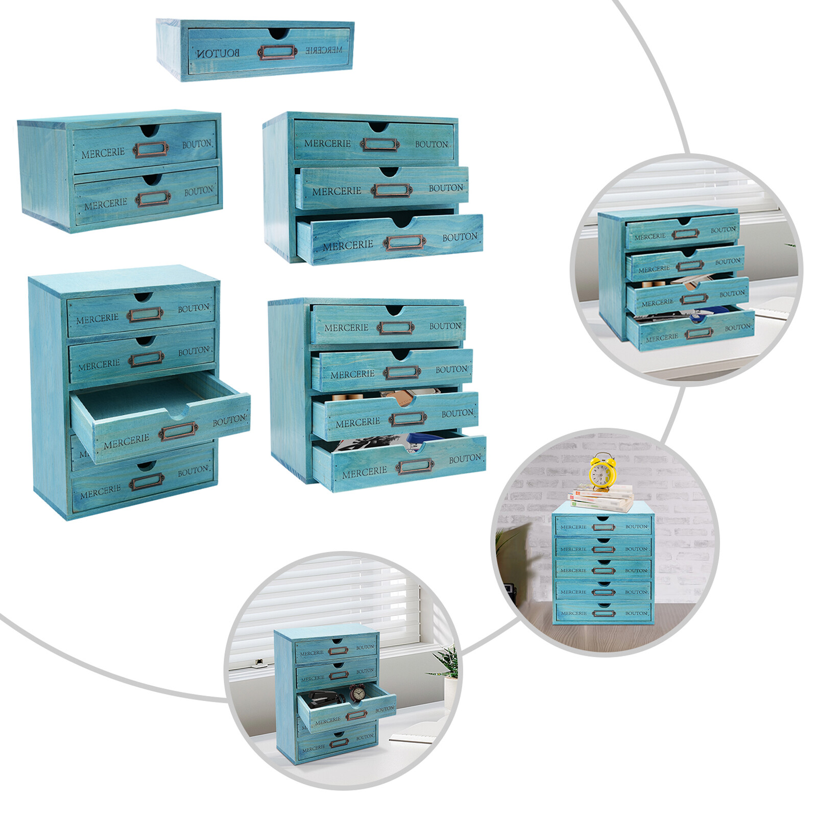 Vintage Blue Pine Wood Desktop Organizer Set with 15 Drawers - 5 Pieces