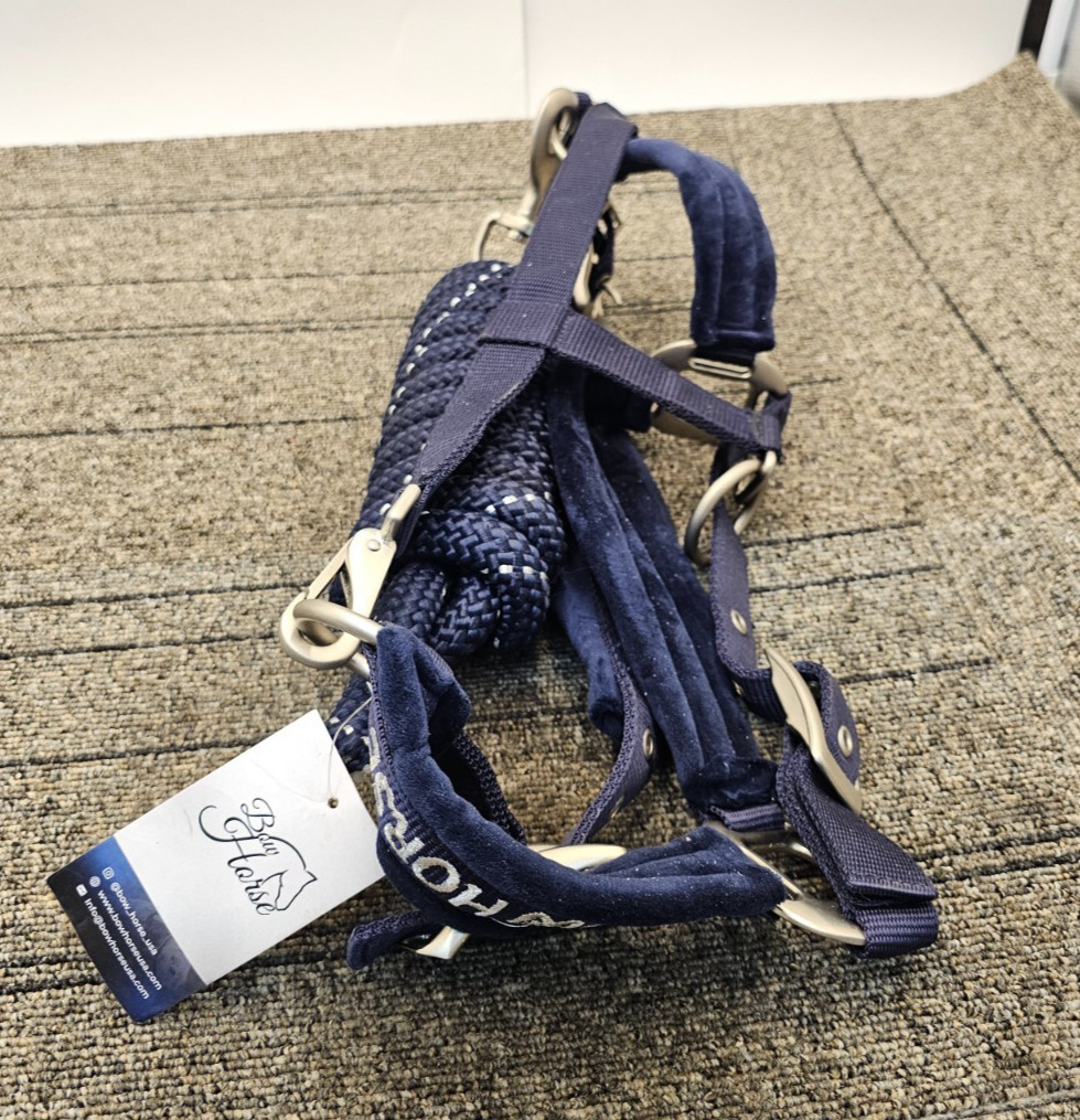 Bow Horse Premium Horse Halter Lead Navy Fleece Padding Heavy Duty Embroidered