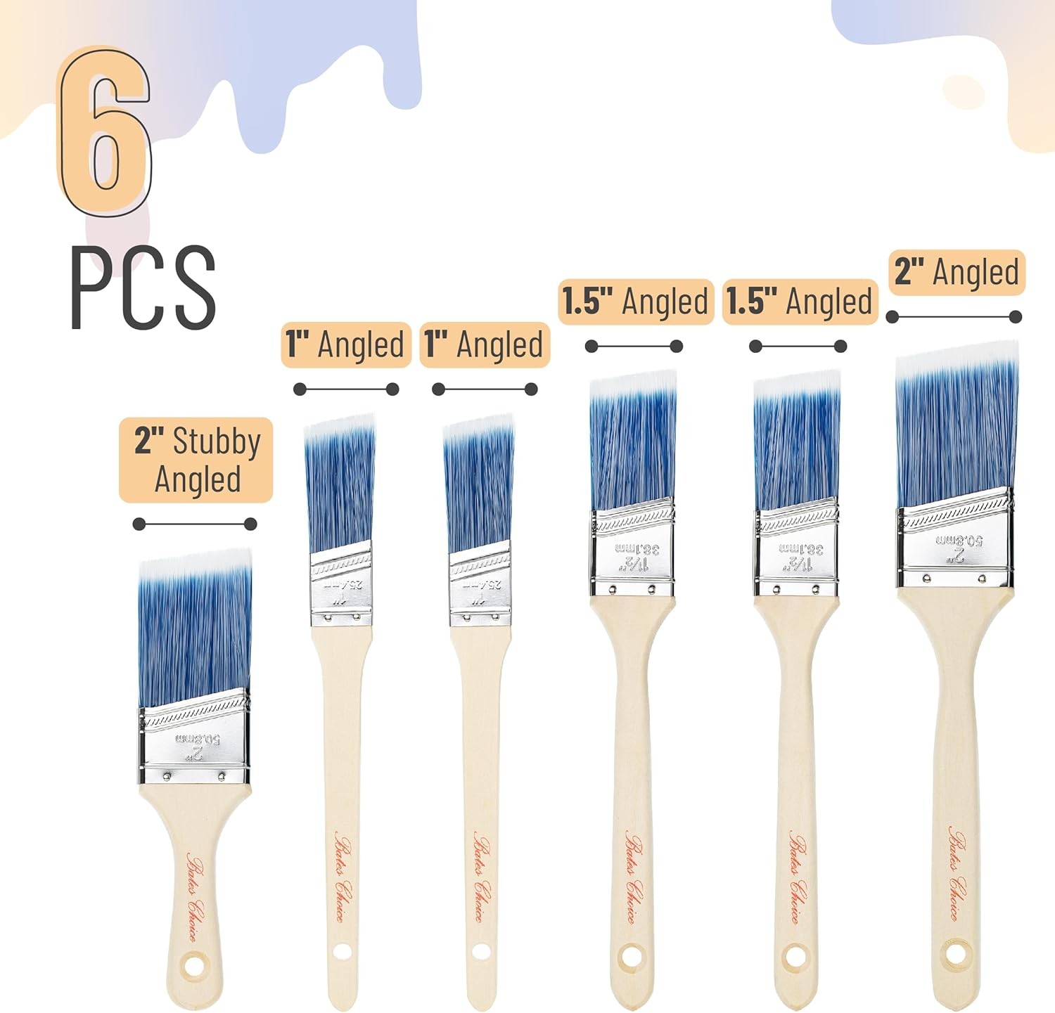 Bates- Paint Brushes 6 Pack Treated Wood Handle Paint Brushes for Walls...