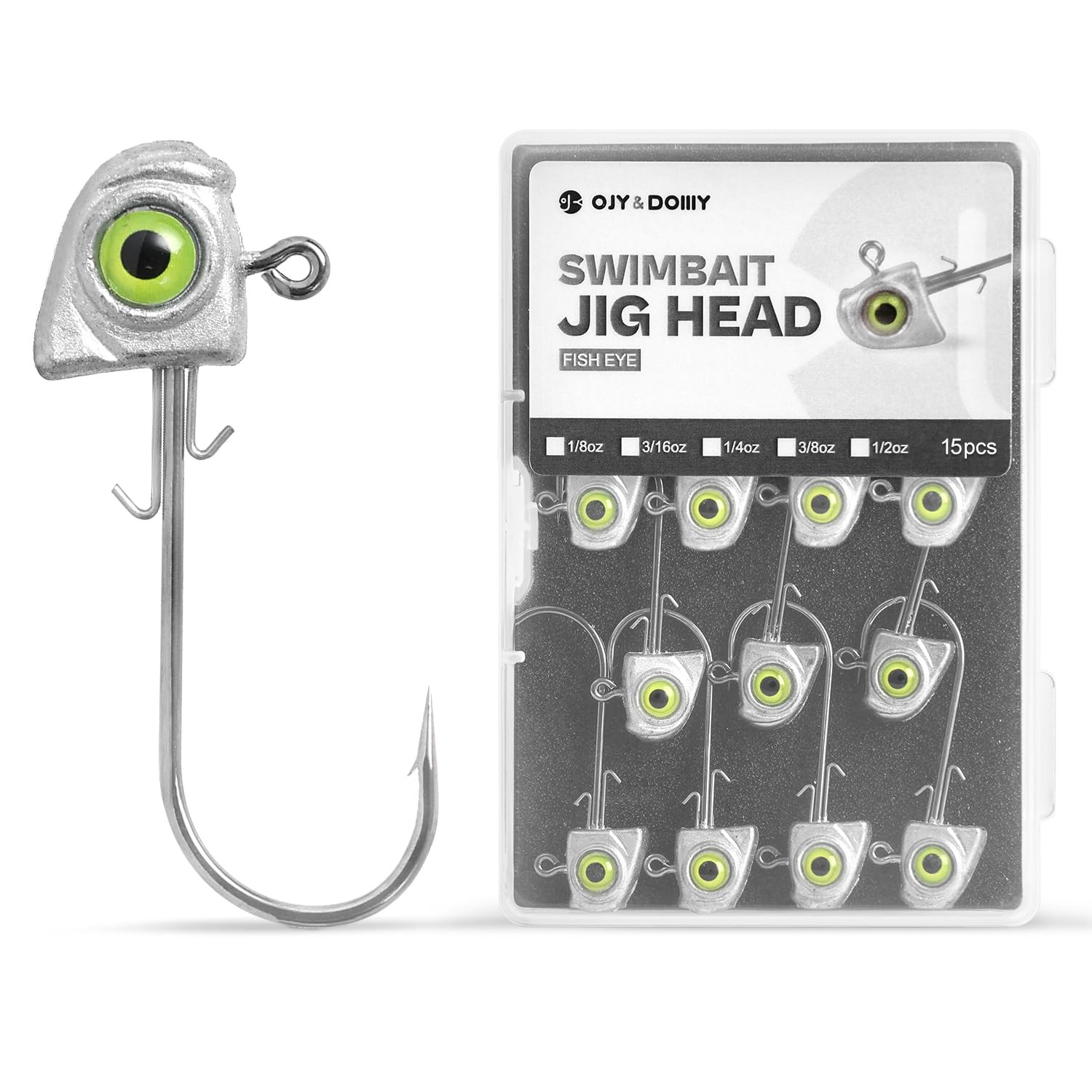 OJY&DOIIIY Swimbait Jig Heads with Assorted Weights - 15PCs, Unpainted