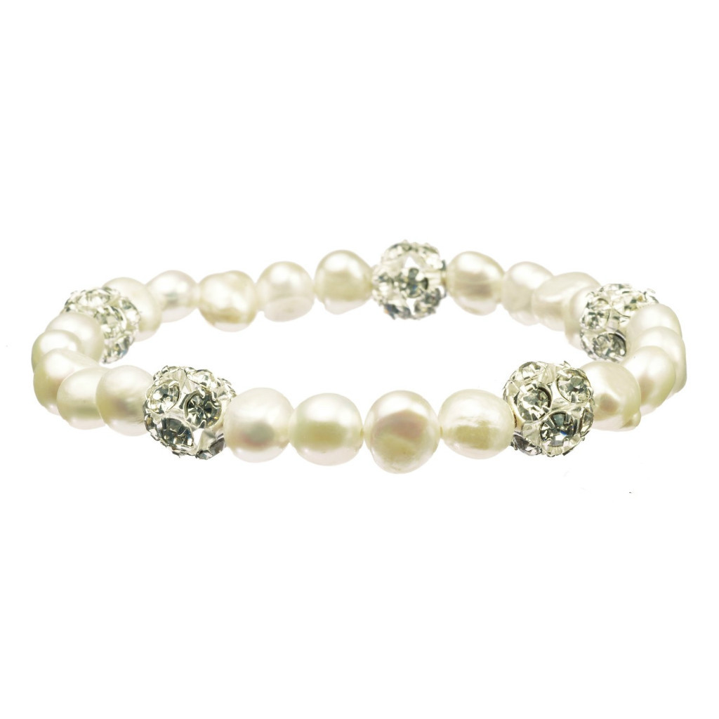 White Freshwater Pearl & Fireball Stretch Bracelet 7.5"