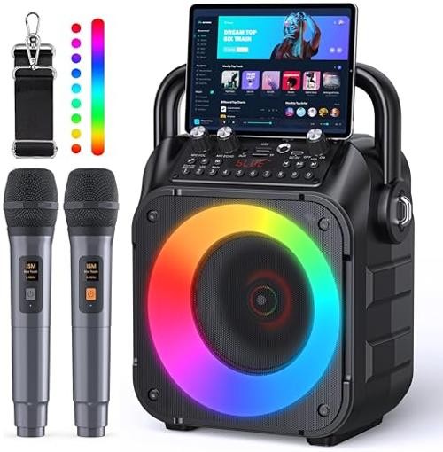 Karaoke Machine, Portable Bluetooth Speaker with 2 Wireless Microphones 2 Mics