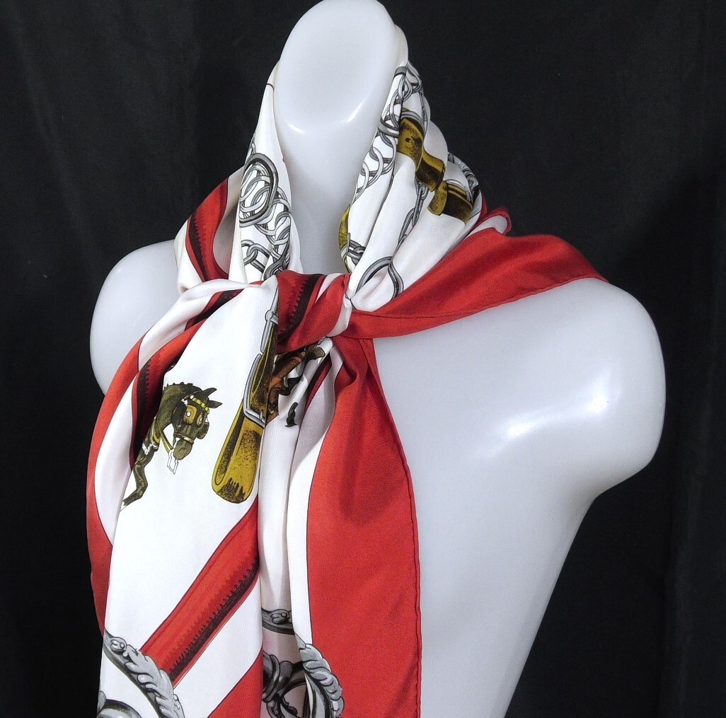 HERMES  Carr 90 100 Silk Large Scarf Red D458