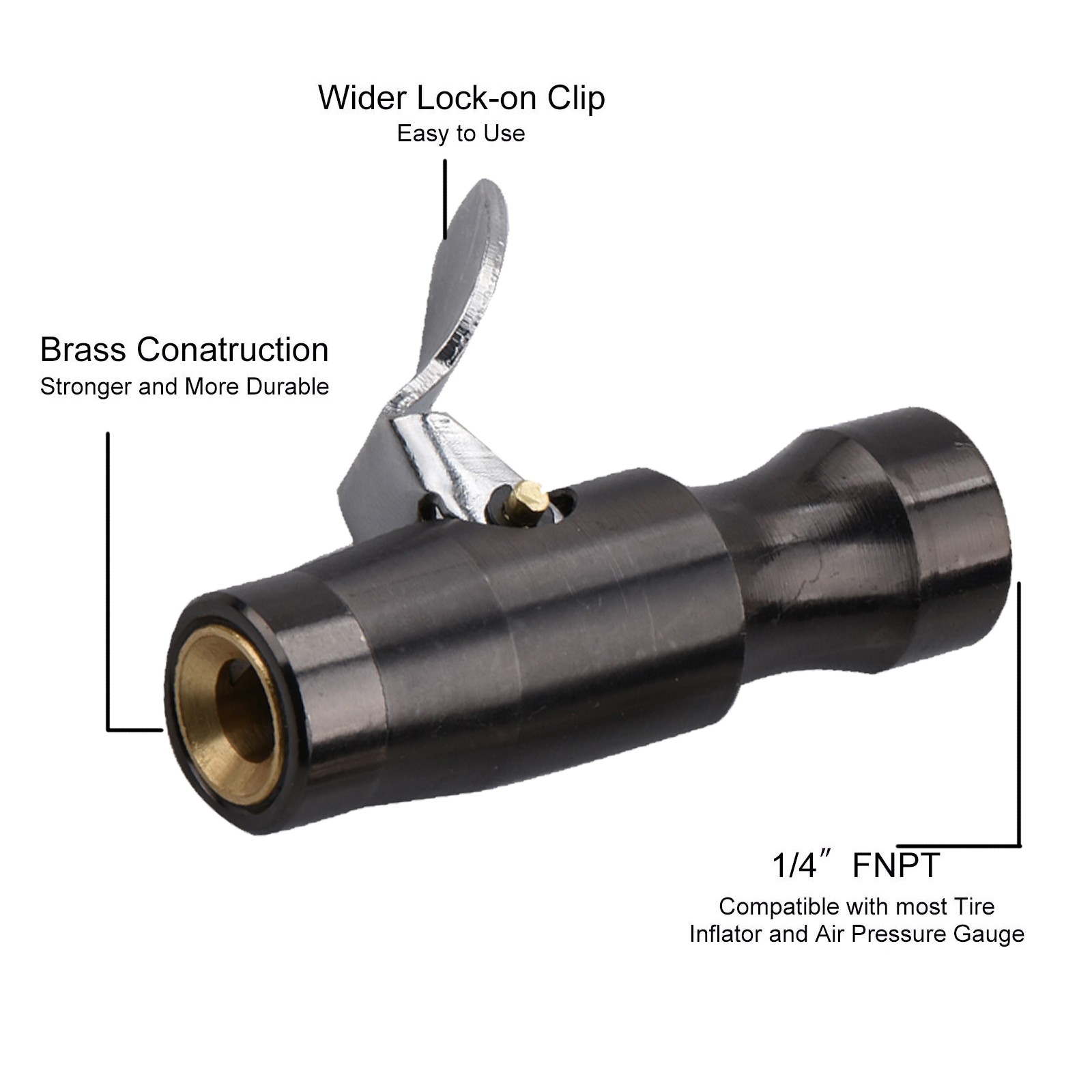 200PSI Tire Inflator Lock-on Air Chuck Dual-Jaw Compatible w/ Schrader Valve