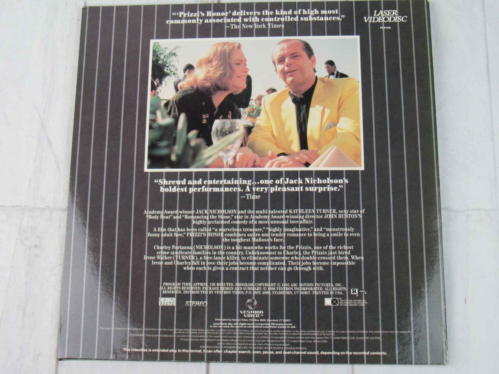 Prizzi's Honor, Jack Nicholson, 2 Disc Set Extended Play Laser Disc R