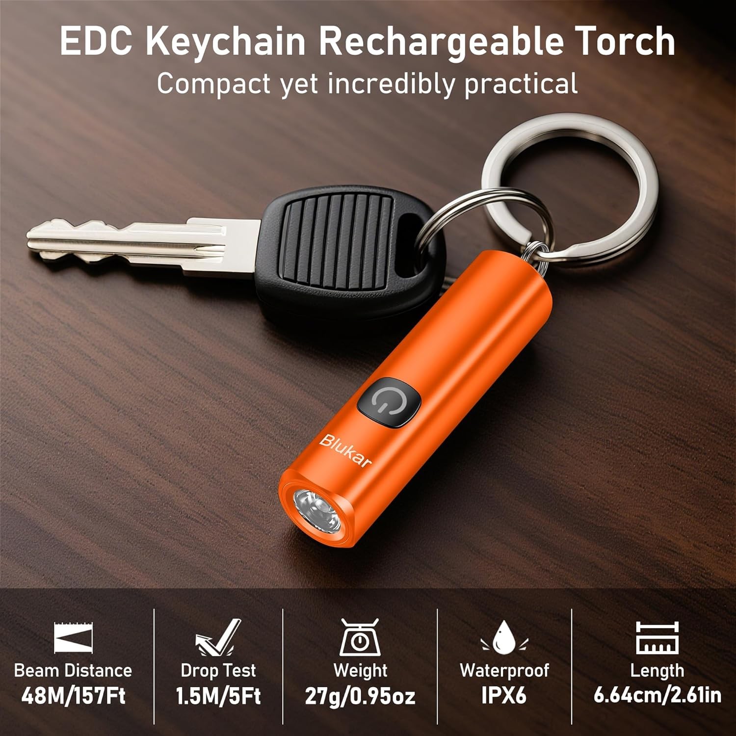 Orange Rechargeable Mini Keychain Flashlight 3 Modes Waterproof EDC Light