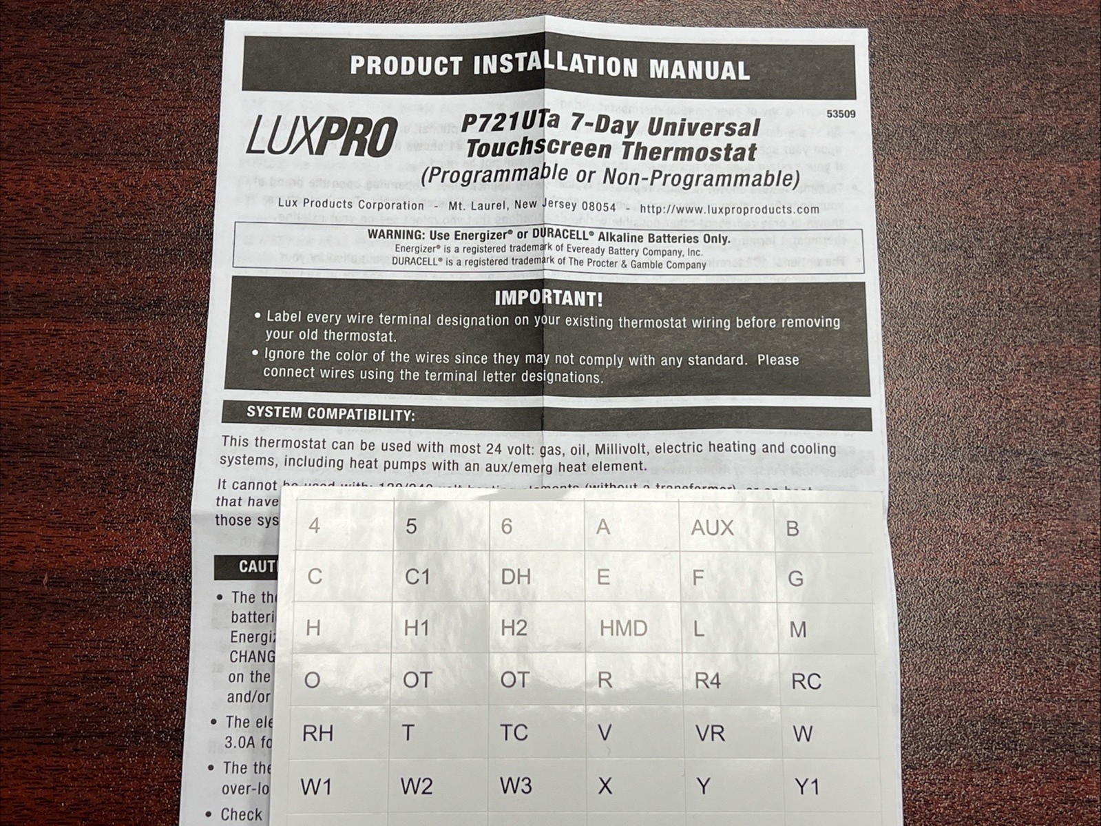 LuxPro Universal 7-Day Touchscreen Programmable or Manual Thermostat P721UT